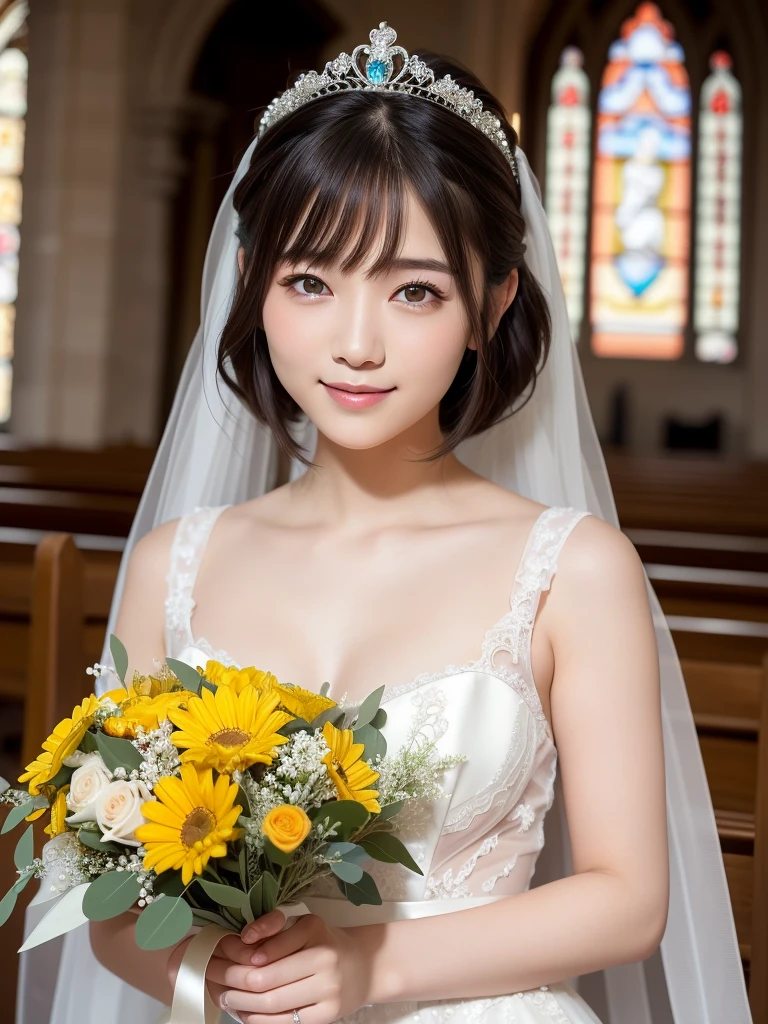 (highest quality:1.5)、(Realistic:1.5)、(1 person:1.5)、(Medium Shot:1.5)、Very detailed、High resolution、8k wallpaper、、Small breasts、Natural color lips、Cute Smile、Japanese women、20-year-old girl、Beautiful and elegant face、Perfect and beautiful face、Large, balanced eyes、Brunette's eyes、Beautiful and elegant face、Beautiful double eyelids、Natural Bangs、Beautiful thin nose、Beautiful Skin、Fair skin、Medium Bob Hair、Natural Bangs、Perfect and beautiful face、Slim face and figure、(Looking at the camera with a sweet smile)、Bright lighting、Professional Lighting、Forward lighting、Natural smile、Wedding ceremony in a church with beautiful stained glass、Princess line wedding dress、tiara、Holding the bouquet at stomach level、