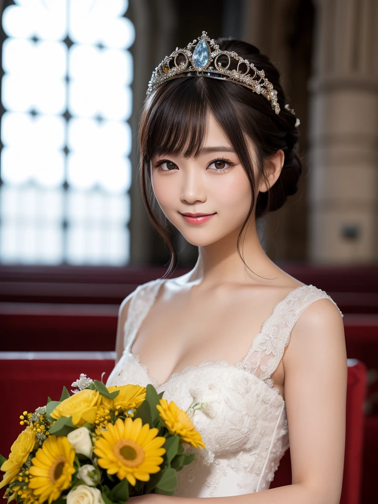 (highest quality:1.5)、(Realistic:1.5)、(1 person:1.5)、(Medium Shot:1.5)、Very detailed、High resolution、8k wallpaper、、Small breasts、Natural color lips、Cute Smile、Japanese women、20-year-old girl、Beautiful and elegant face、Perfect and beautiful face、Large, balanced eyes、Brunette's eyes、Beautiful and elegant face、Beautiful double eyelids、Natural Bangs、Beautiful thin nose、Beautiful Skin、Fair skin、Medium Bob Hair、Natural Bangs、Perfect and beautiful face、Slim face and figure、(Looking at the camera with a sweet smile)、Bright lighting、Professional Lighting、Forward lighting、Natural smile、Wedding ceremony in a church with beautiful stained glass、Princess line wedding dress、tiara、Holding the bouquet at stomach level、