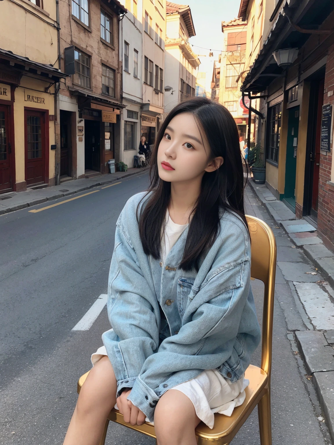 Old town，The streets are lined with quaint buildings.。Girl sitting elegantly on a chair，Lean forward slightly，Chin on both hands，Focusing on the front，His expression is full of seriousness and concentration。The sun shines on her，Covering her with a layer of golden glory。