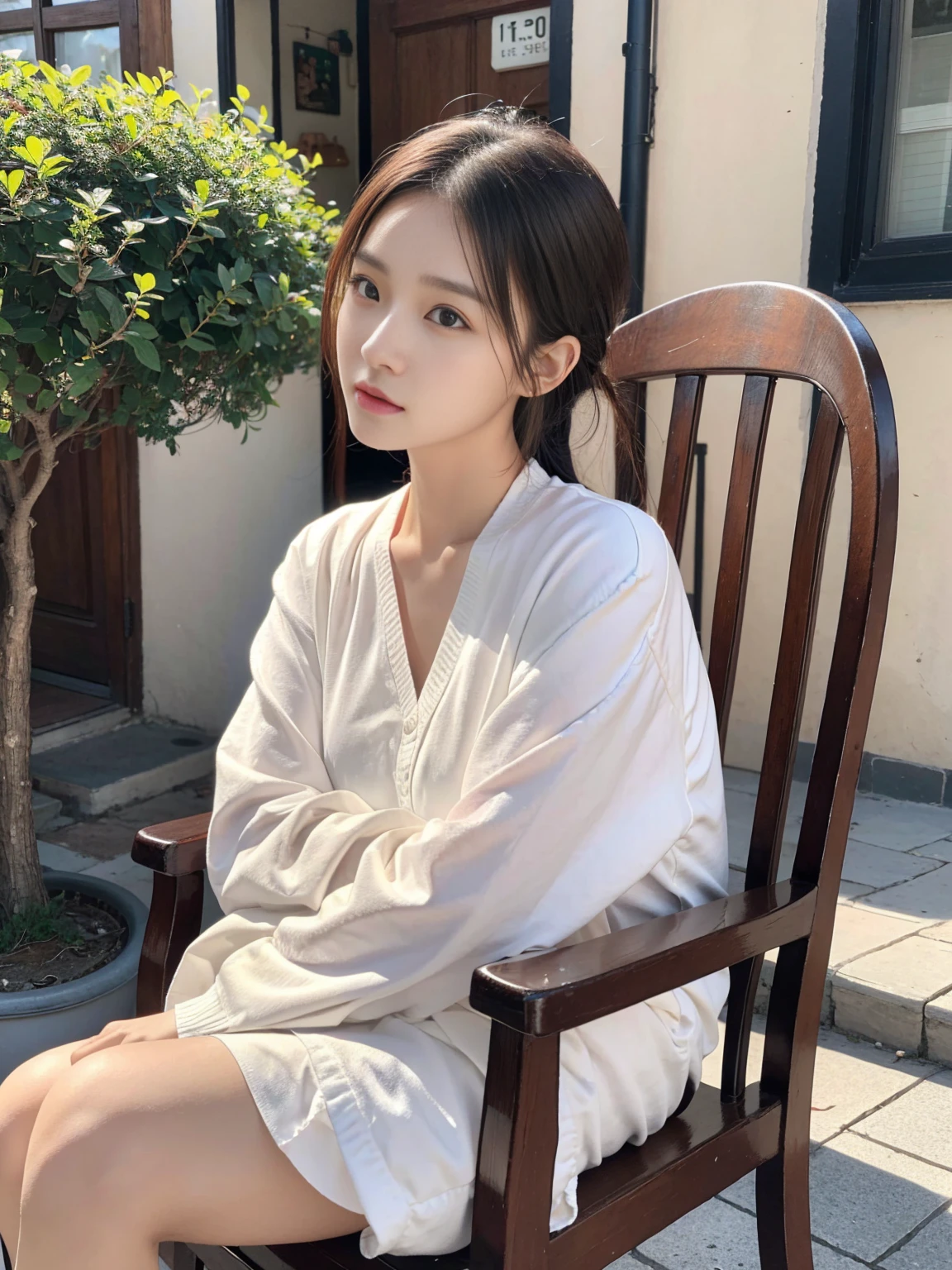 Old town,The streets are lined with quaint buildings.。Girl sitting elegantly on a chair,Lean forward slightly,Chin on both hands,Focusing on the front,His expression is full of seriousness and concentration。The sun shines on her,Covering her with a layer of golden glory。