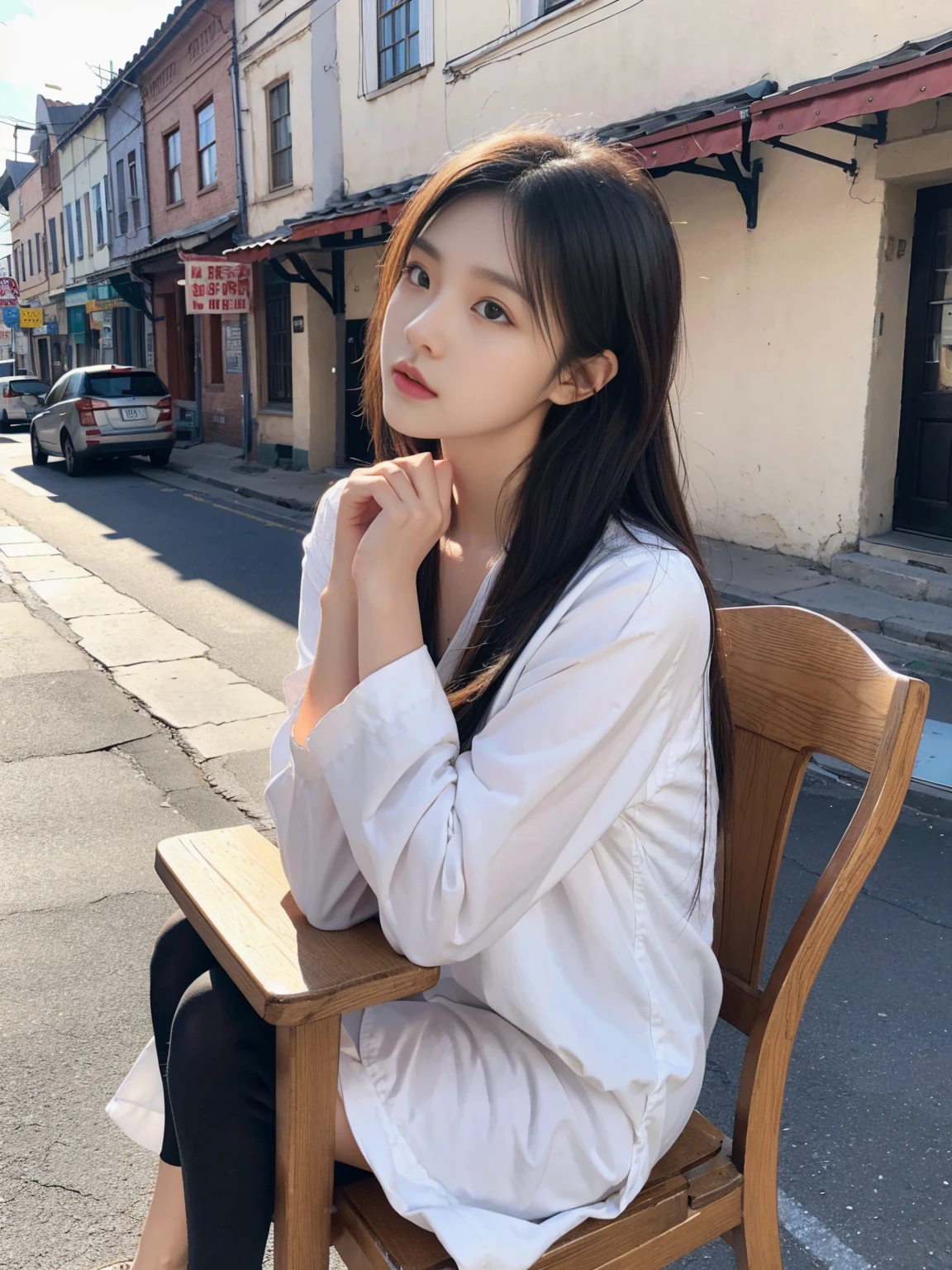 Old town,The streets are lined with quaint buildings.。Girl sitting elegantly on a chair,Lean forward slightly,Chin on both hands,Focusing on the front,His expression is full of seriousness and concentration。The sun shines on her,Covering her with a layer of golden glory。