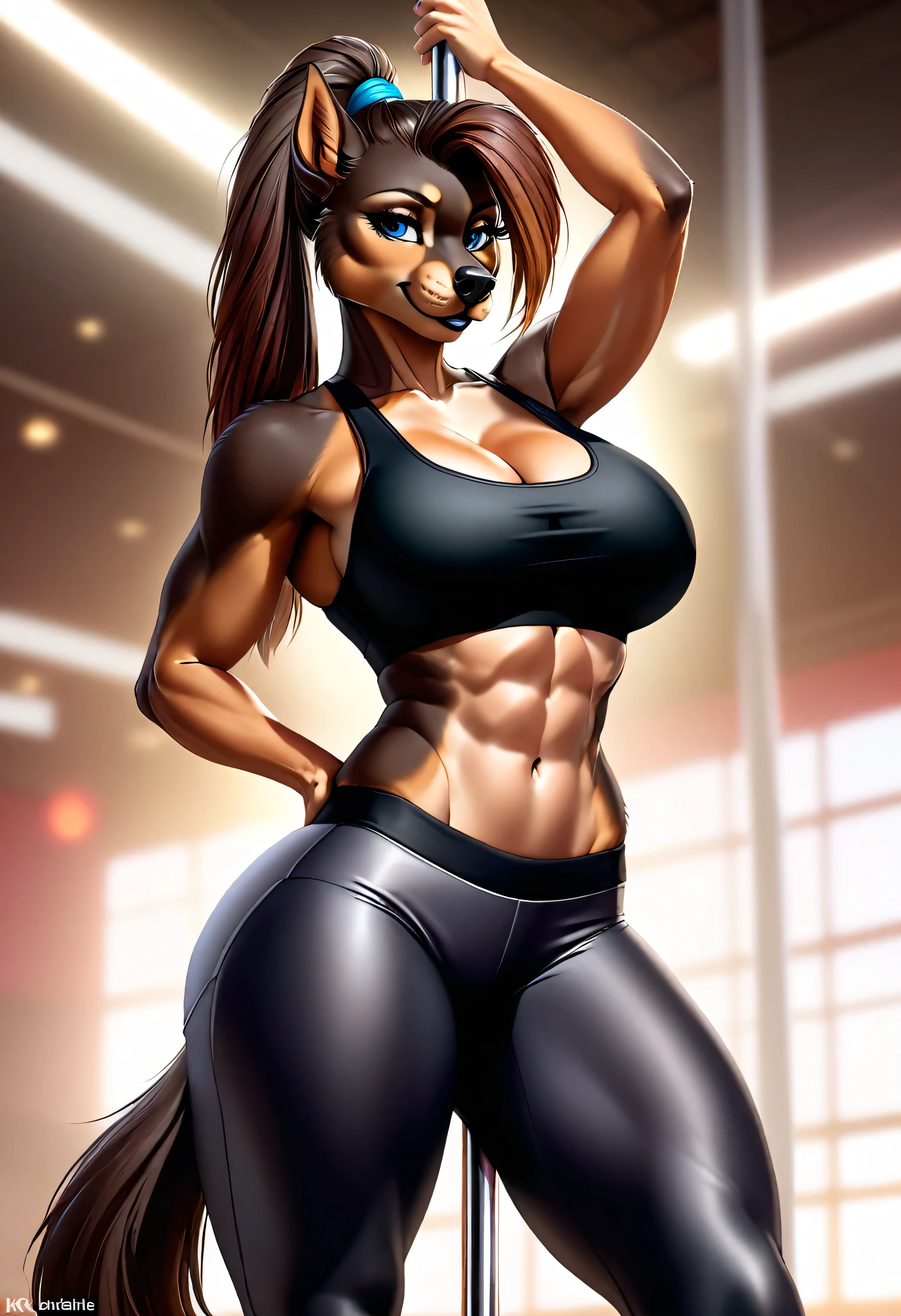 4k highly detailed realistic digital extremely high quality drawing, masterpiece, (by keeltheequine), (uploaded on e621), (a full-body portrait of a female anthro dobermann dog), ((practicing pole dancing in a gym)), ((wearing a sexy sports bra and tight yoga pants)), (beautiful and detailed eyes:1.1), (thick black lips), (ponytail hair), dark fur, seductive, sexy, voluptuous, curvy body, hourglass figure, large breasts, muscles, cinematic lighting, (f1.8 short focus bokeh)