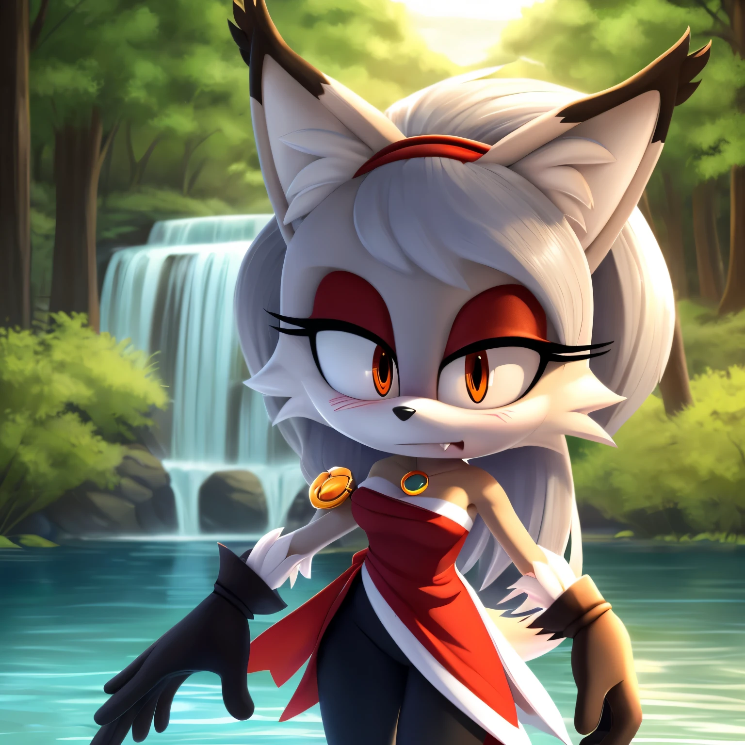masterpiece, best quality, ultra-detailed, cinematic lighting, beautiful lighting, detailed background, detailed iris, detailed eyes, shading, intricate details, ((sharp, dynamic pose, expressive eyes)), (4k), ((((2d, 2d art)))), digital art, solo, outdoors, female, Mobian, (whitish grey Fox), 1girl, animal ear fluff, navel, hairband, long hair, animal ears, breasts, tree, furry, ((fox girl)), (((whitish light grey hair))), bangs, cowboy shot, pants, black gloves, animal nose, gloves, (fox ears), nature, standing, furry female, water, sunset, looking at viewer, (((whitish light grey fur))), forest, ribbon, black yoga pants, black hairband, clenched hands, sky, tail, hair ribbon, fang, black ribbon, medium breasts, fox tail, very long hair, orange eyes, body fur, river, sidelocks, ((white fur)), shiny, lake, grass, small breasts, scenery, fur trim, red markings on face, red eyeshadow, Nicole cosplay, cosplay, nicolethelynx outfit but red, looking at viewer, ((embarrassed expression)), ((looking down at herself nervously/scared)), furry female anthro, strapless red dress, ((split dress)), black pants, black gloves, looking at viewer, (strapless), ((red sleeveless dress with black and white split tails decorated with a white trim)), and a small brooch with a red gem