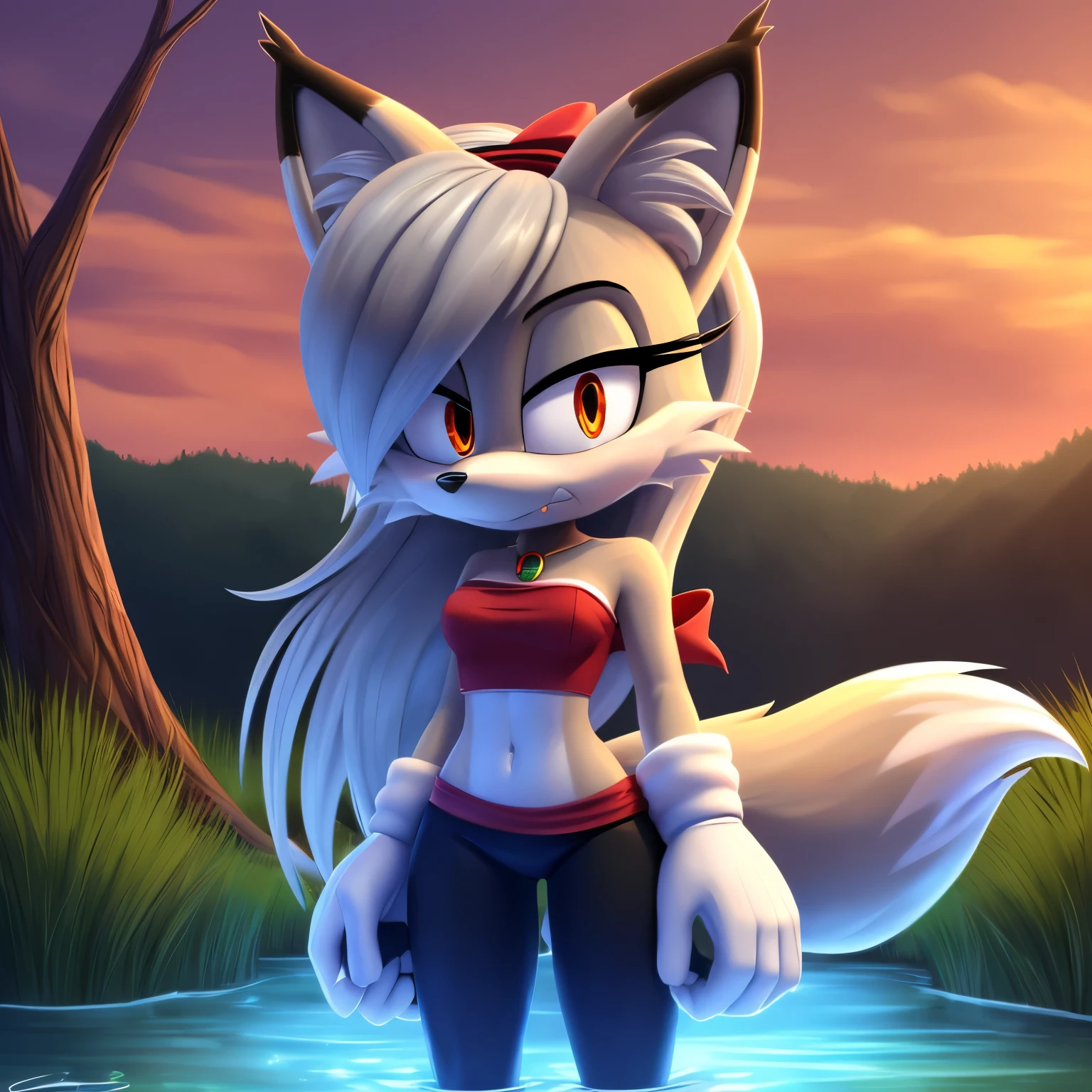 masterpiece, best quality, ultra-detailed, cinematic lighting, beautiful lighting, detailed background, detailed iris, detailed eyes, shading, intricate details, ((sharp, dynamic pose, expressive eyes)), (4k), ((((2d, 2d art)))), digital art, solo, outdoors, female, Mobian, (whitish grey Fox), 1girl, animal ear fluff, navel, hairband, long hair, animal ears, breasts, tree, furry, ((fox girl)), (((whitish light grey hair))), bangs, cowboy shot, pants, black gloves, animal nose, gloves, (fox ears), nature, standing, furry female, water, sunset, looking at viewer, (((whitish light grey fur))), forest, ribbon, black yoga pants, black hairband, clenched hands, sky, tail, hair ribbon, fang, black ribbon, medium breasts, fox tail, very long hair, orange eyes, body fur, river, sidelocks, ((white fur)), shiny, lake, grass, small breasts, scenery, fur trim, red markings on face, red eyeshadow, Nicole cosplay, cosplay, nicolethelynx outfit but red, looking at viewer, ((embarrassed expression)), ((looking down at herself nervously/scared)), furry female anthro, strapless red dress, ((split dress)), black pants, black gloves, looking at viewer, (strapless), ((red sleeveless dress with black and white split tails decorated with a white trim)), and a small brooch with a red gem