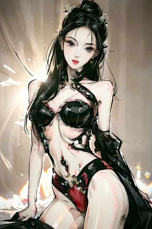 (Detailed description), narrow eyes, woman 1, a smile with slightly exposed top teeth, eyebrows, black hair, short hair solo, cowgirl, two piece, (big glamour), black eyes, black hair, gloves, randomly prominent, very transparent mesh corset, randomly short, thin, very transparent long skirt, exposed thighs, deep position, high hip beauty, big eyes full of smiles, bright makeup, red lipstick, dark fantasy, random hairstyle, beauty mark, bright eyes, queen, dark background, collarbone, exposed navel, gathered and bulging very large glamour, illustration, 8k very detailed photo realism, sharp focus, cool focus, attractive girl, various bold poses, front gaze, open legs, solos, very large hips, glowing skin (face detail) jewelry, big beautiful necklace, tiara, intricate petal patterns, border lighting, backlight, pastel colors, studio lighting, sharp focus photography, (no bad fingers or body)