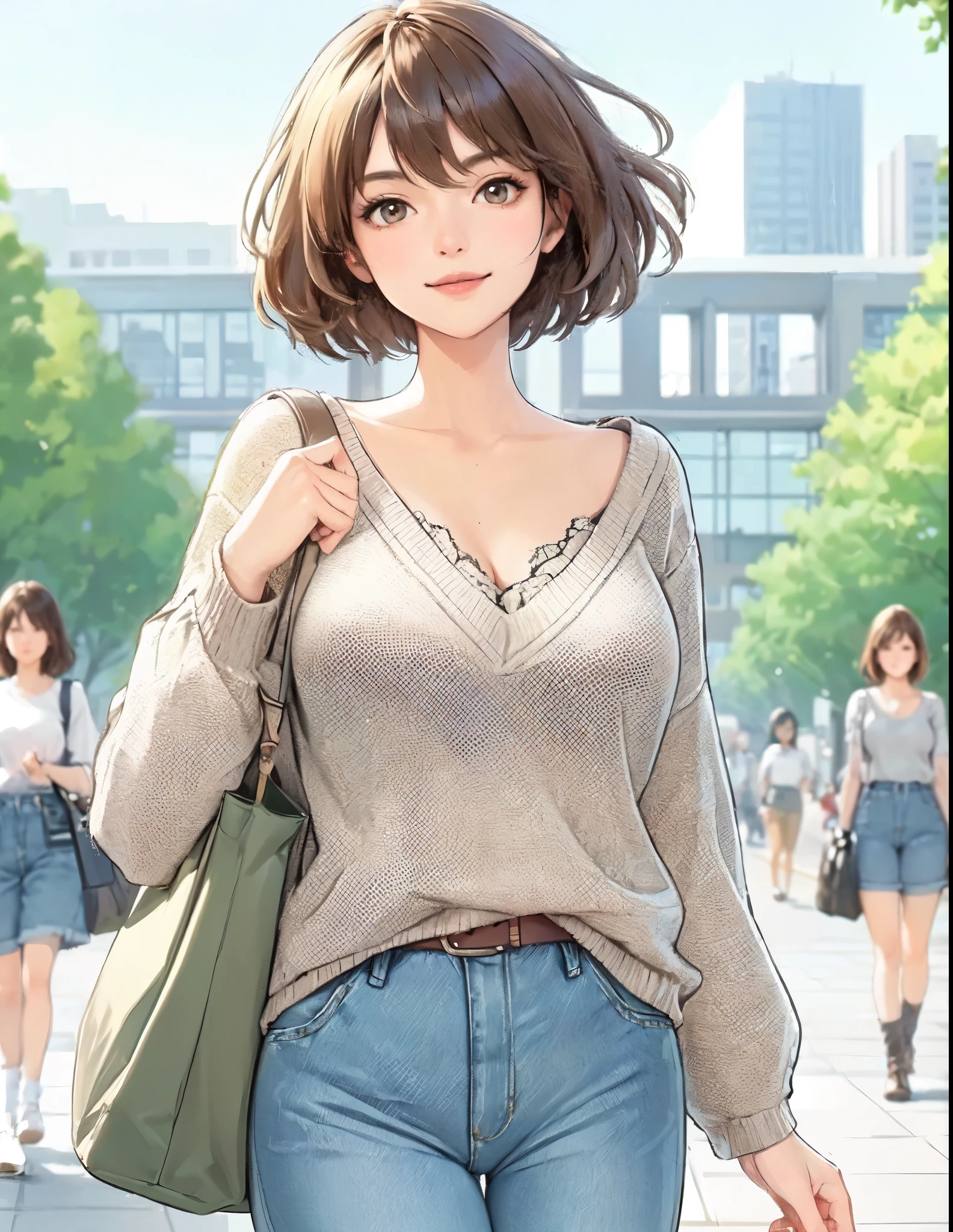 1lady solo, (strolling through university campus), stylish (refreshing knit) (denim pants), mature female, /(brown short hair/) bangs, kind smile, (masterpiece best quality:1.2) delicate illustration ultra-detailed, large breasts, (holding casual bag) BREAK (general university campus) outdoors, noon, detailed background