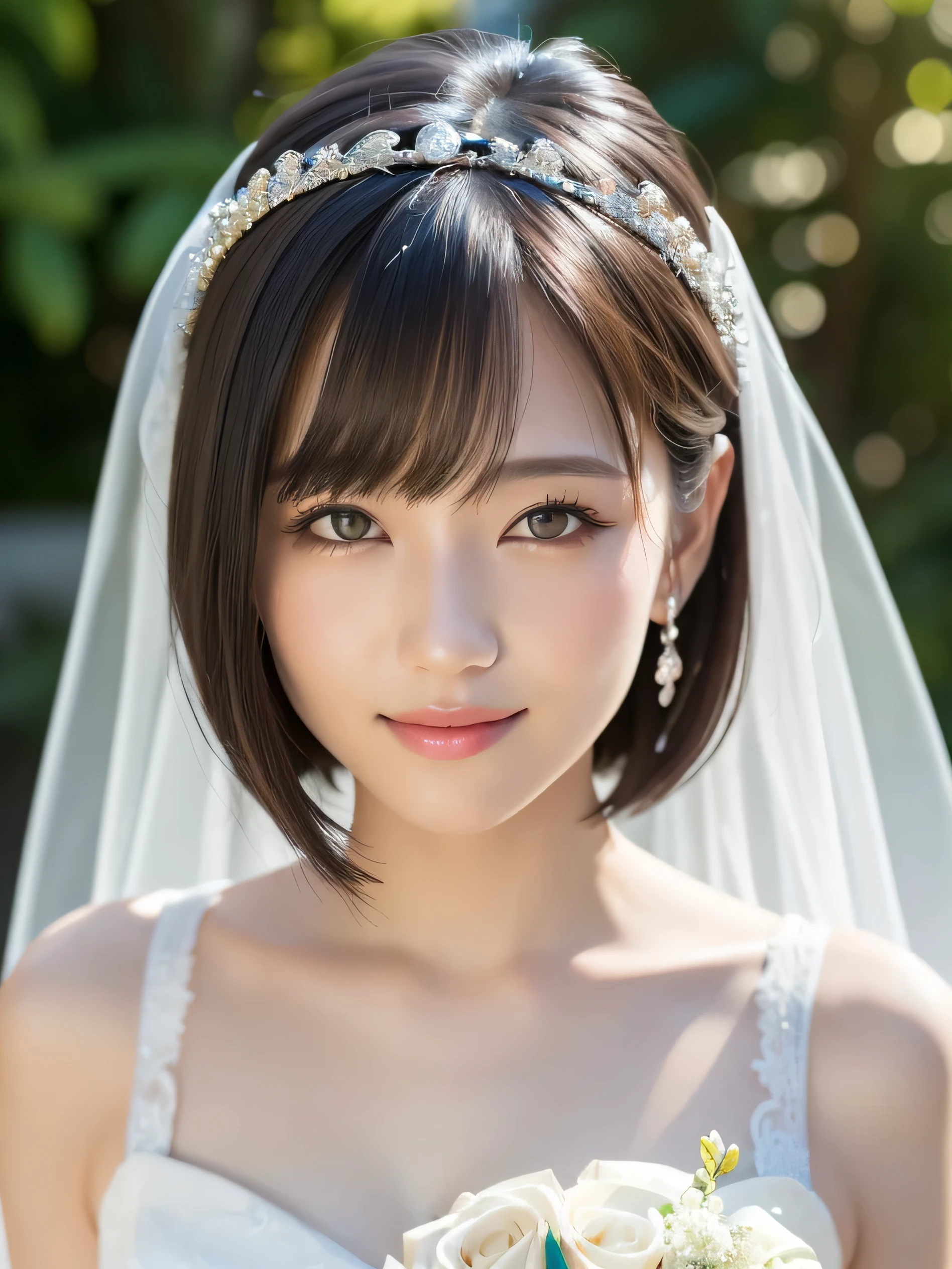 (highest quality:1.5), (Realistic:1.5), (1 person:1.5), (Medium Shot:1.5), Very detailed, High resolution, 8k wallpaper, , Small breasts, Natural color lips, Cute Smile, Japanese women, 20-year-old girl, Beautiful and elegant face, Perfect and beautiful face, Big eyes, Brunette's eyes, Beautiful and elegant face, Perfect and beautiful double eyelids, Natural Bangs, Beautiful thin nose, Beautiful Skin, Chestnut Hair, Medium Bob Hair, Shortcuts, Natural Bangs, Perfect and beautiful face, Slim face and figure, (Looking at the camera), Bright lighting, Professional Lighting, Forward lighting, Natural smile, church, Princess line wedding dress, tiara、Holding the bouquet at stomach level、