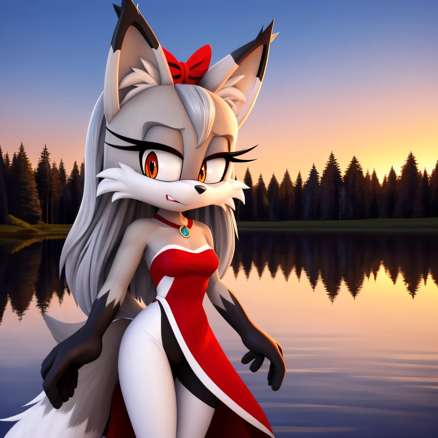 masterpiece, best quality, ultra-detailed, cinematic lighting, beautiful lighting, detailed background, detailed iris, detailed eyes, shading, intricate details, ((sharp, dynamic pose, expressive eyes)), (4k), ((((2d, 2d art)))), digital art, solo, outdoors, female, Mobian, (whitish grey Fox), 1girl, animal ear fluff, navel, hairband, long hair, animal ears, breasts, tree, furry, ((fox girl)), (((whitish light grey hair))), bangs, cowboy shot, pants, black gloves, animal nose, gloves, (fox ears), nature, standing, furry female, water, sunset, looking at viewer, (((whitish light grey fur))), forest, ribbon, black yoga pants, black hairband, clenched hands, sky, tail, hair ribbon, fang, black ribbon, medium breasts, fox tail, very long hair, orange eyes, body fur, river, sidelocks, ((white fur)), shiny, lake, grass, small breasts, scenery, fur trim, red markings on face, red eyeshadow, Nicole cosplay, cosplay, nicolethelynx outfit but red, looking at viewer, ((embarrassed expression)), ((looking down at herself nervously/scared)), furry female anthro, strapless red dress, ((split dress)), black pants, black gloves, looking at viewer, (strapless), ((red sleeveless dress with black and white split tails decorated with a white trim)), and a small brooch with a red gem