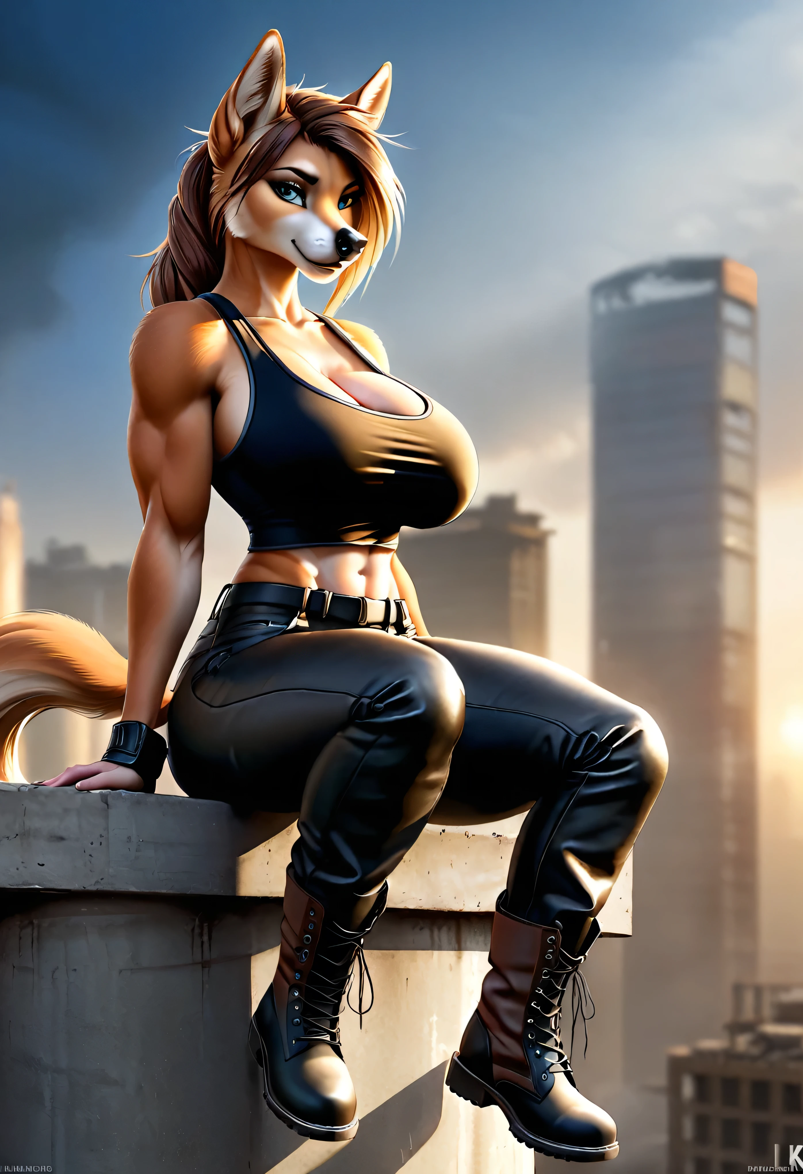 4k highly detailed realistic digital extremely high quality drawing, masterpiece, (by keeltheequine), (uploaded on e621), (a full-body portrait of an anthro dog girl), ((sitting on the roof of a building in a post-apocalyptic wasteland)), ((wearing a tanktop, tight leather pants and combat boots)), (beautiful and detailed eyes:1.1), fur, seductive, sexy, voluptuous, curvy body, hourglass figure, large breasts, muscles, cinematic lighting, (f1.8 short focus bokeh)