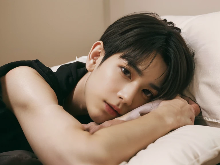 ((4K works)), Japanese cute boy , masterpiece, top-quality,((high-level image quality)),((One Manly Boy)),Slim body,((Stylish black hoodie)),(Detailed beautiful eyes),Stylish bedroom, Selfie with head on pillow,((short hair above the ears)),((Smaller face)),((Neutral face)),((Light brown eyes)),((18year old)),((Handsome man)),((Wild look)),((elongated and sharp eyes)),((Happy dating)),((Lying on the futon with your head on the pillow)),((Shooting from the side)),((He gives the viewer an arm pillow)),((Only the upper part of the body is visible)),((He sleeps next to the viewer)), (bare arm:1.4), (naked:1.5)