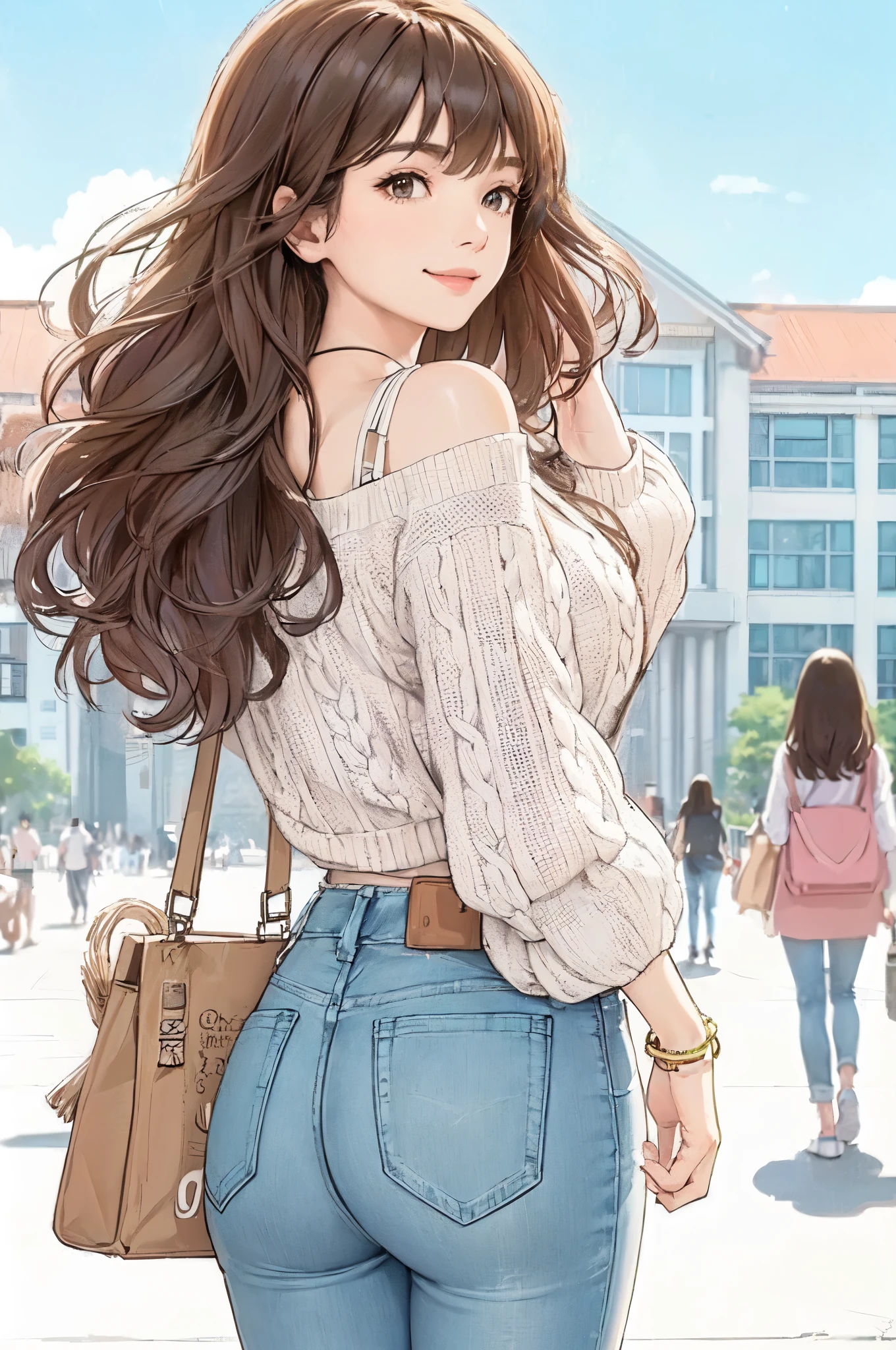 1lady solo, (looking back) (from behind), (strolling through university campus), stylish (refreshing knit) (denim pants), mature female, /(light brown hair/) bangs, kind smile, (masterpiece best quality:1.2) delicate illustration ultra-detailed, large breasts, (holding casual bag) BREAK (general university campus) outdoors, noon, detailed background