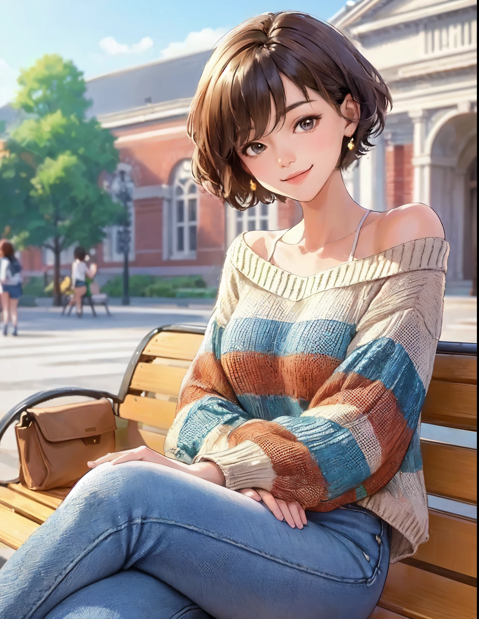 1lady solo, (sitting on bench), stylish (refreshing knit) (denim pants), mature female, /(brown short hair/) bangs, kind smile, (masterpiece best quality:1.2) delicate illustration ultra-detailed, large breasts BREAK (general university campus) outdoors, casual bag, noon, detailed background