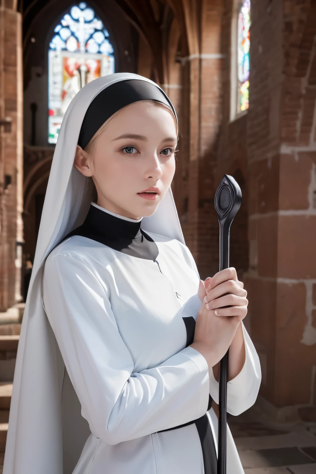 ((masterpiece, highest quality, best image quality, High resolution, realistic, Raw photo, 8K)), ((Highly detailed CG integrated 8k wallpaper)), amazing beauty, perfect proportions, beautiful body, beauty of slim body:1.4), medieval church, brick wall, young nun crying for the camera, ((nun, dressed in white nun )) ,She raises her sabre,