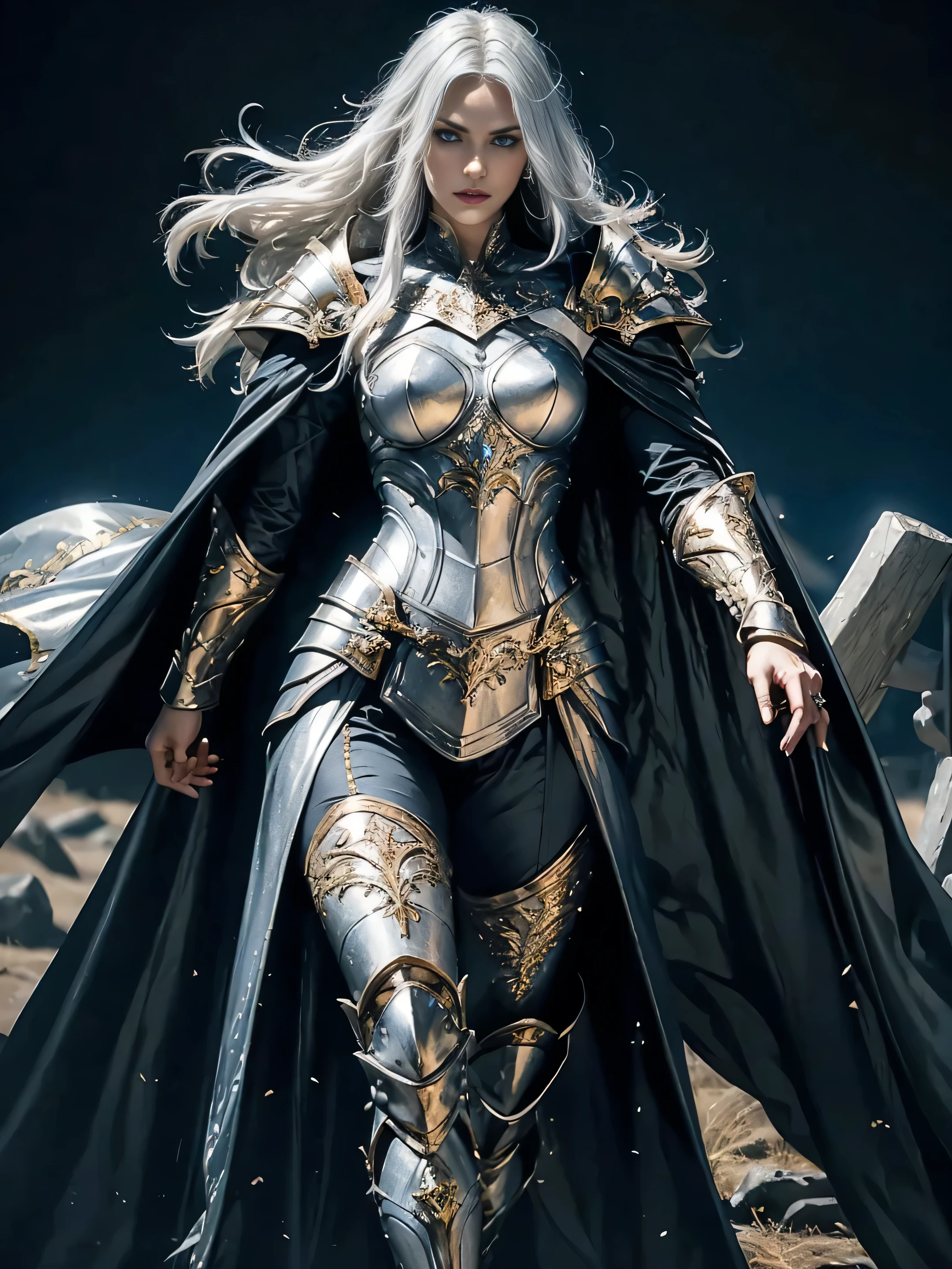 full body portrait of a beautiful female paladin, heroic pose, long floating white hair, dark eyebrows, dark makeup, ages 35, low neck, white and gold plate armor, medieval armor, floating cape, plate pants, strong face, detailed eyes, bright blue eyes, positive but serious attitude