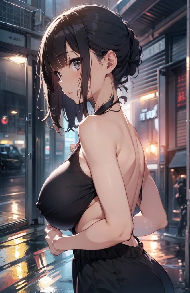 ((ultra-quality)), (A woman waiting at a traffic light in heavy rain), (white low rise micro pantie:1.2), (No slings:1.5), (hands are down:1.5), (arms are down:1.5), (in 8K), (arms behind back:1.5), (Angle from side:1.6), (side breast), (side back view:1.5), (profile), ultra high-res, Hyper Detailed, High contrast, Ultrafine Strike, creative refinement, absurdres, Realistic, extremely detailed CG unified 8k wallpaper, Highly detailed, High-definition raw color photos, professional photography, Realistic portrait, Cinematic Light, Beautiful detailed, 20 years old woman, (realistic skin:1.3), (shiny skin), (Best Quality:1.4), Super Detail, High quality, master piece, lifelike, Perfect face, Silly, (side hip), (closed mouth:1.3), (Sharp Focus), (upper body), (close up), Delicate Beautiful Hair and Eye and Face, Delicate eye, radiant eye, Lifelike, Hyper-detailing, (firm chest:1.6), (upturned chest:1.6), (large breast:1.6), (Beautiful breast:1.5), (breast is covered with shirt:1.1), (Sheer nipple), (smooth flanks), (arms behind back), Beautiful cute woman, camel-toe details, SFW, slim body, pale black eyes, brunette short bob hair, ponytail, on a deserted street