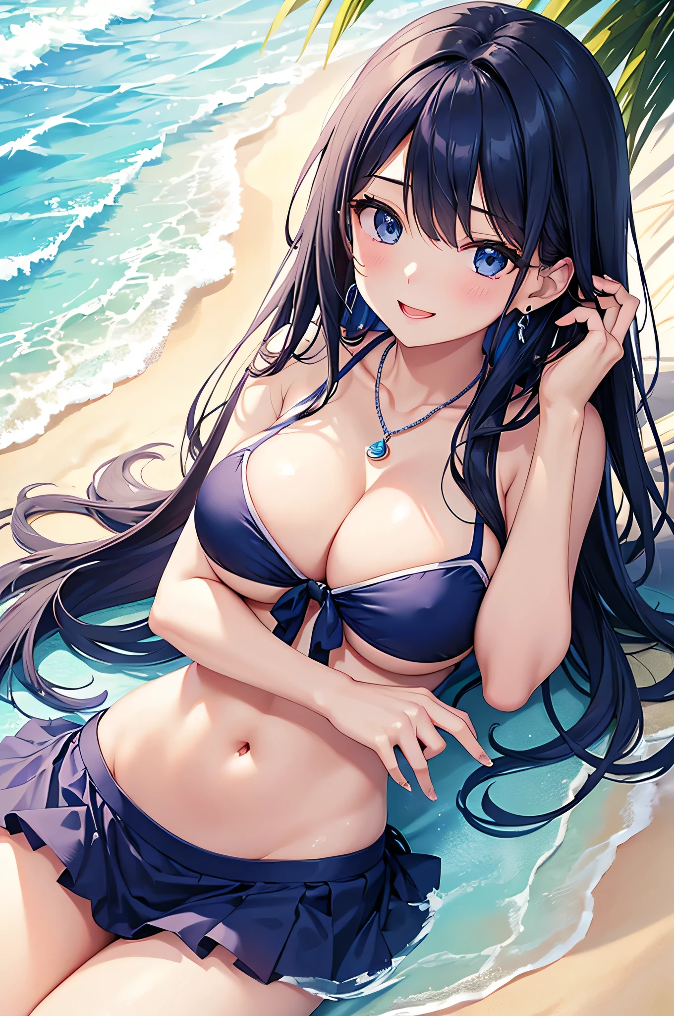 highest quality、Best image quality、masterpiece、beautiful girl、Navy blue long hair、blue eyes、Navy Blue Bikini、Big cleavage、(Big Breasts)、smile、blue necklace、Blue Earrings、background(Beach)、Sexy pose、Please open your mouth wide、Navy Blue Skirt