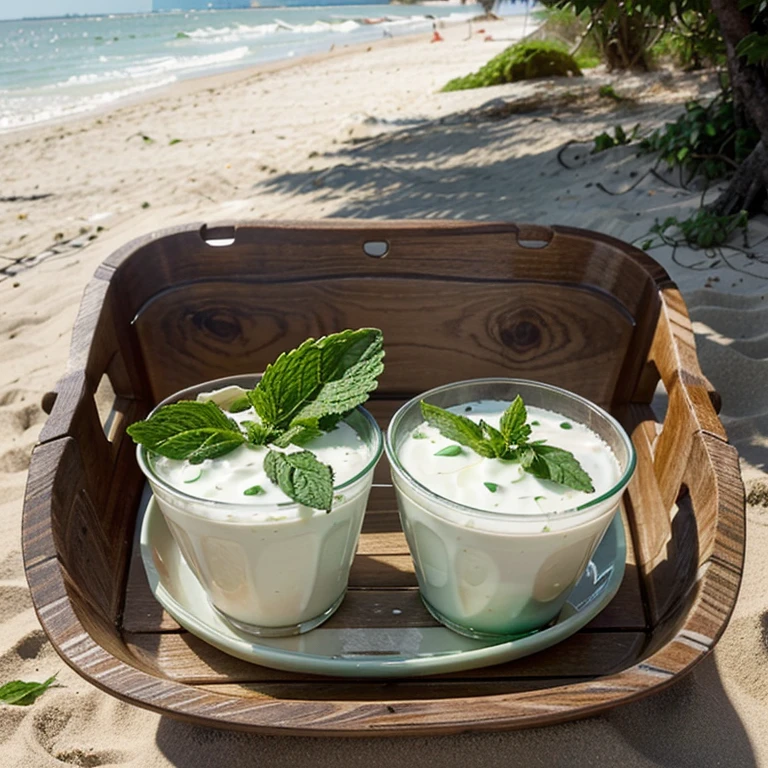generate an image Of 2 Disposable plastic cups filled with milk and mint leaves on top of it as garnishing , kept in a wooden tray, on a beach with visible seashore