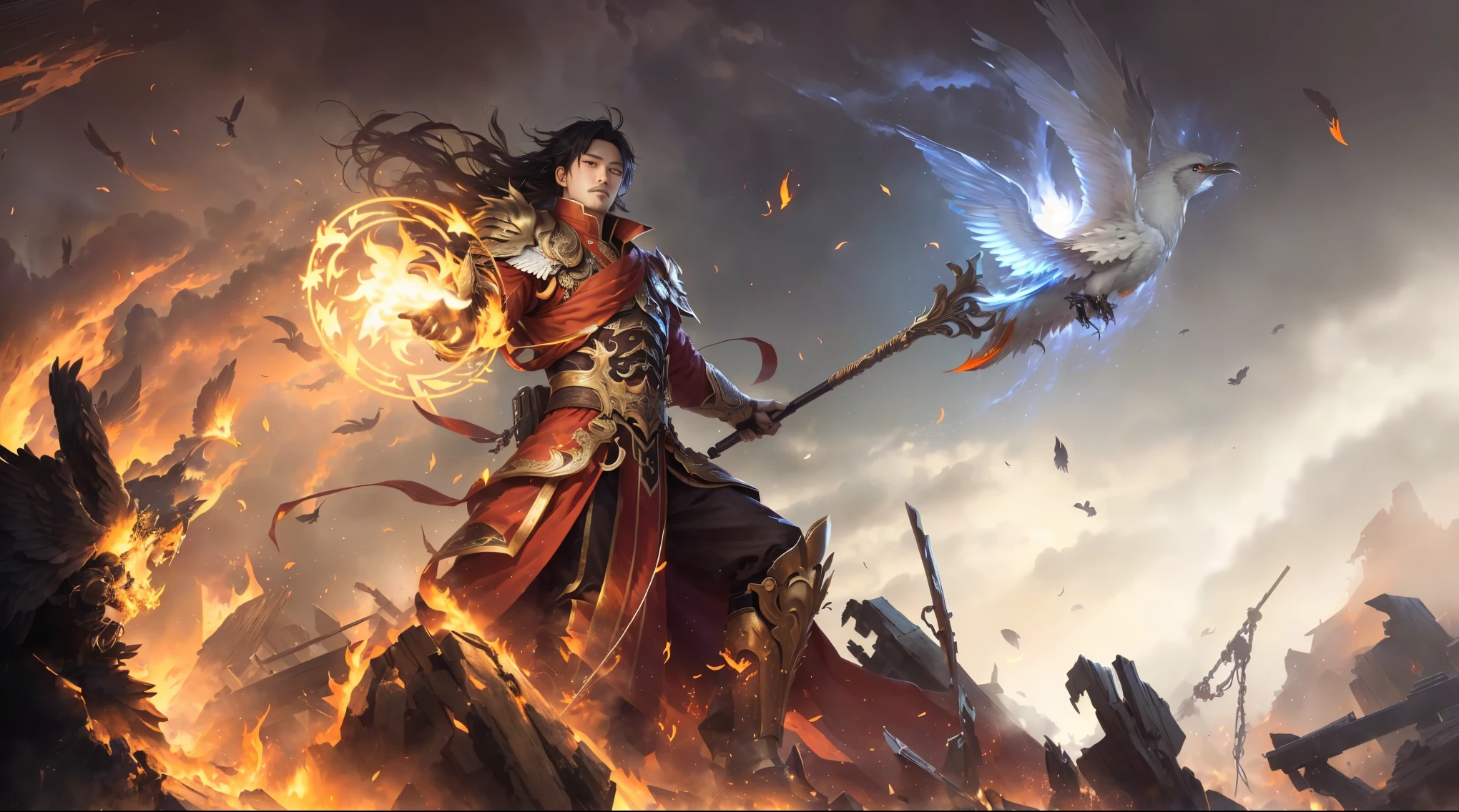 Man with wings on flame background, author：Yang Jie, I&#39;m going, Official ink art, World of Warcraft ink art, Heroes of the Storm Splash Art, Trendin on artstation, Character ink art, Korean multiplayer online games, goddess of anger, Archangel, 2. 5d cgi anime fantasy artwork, female protagonist