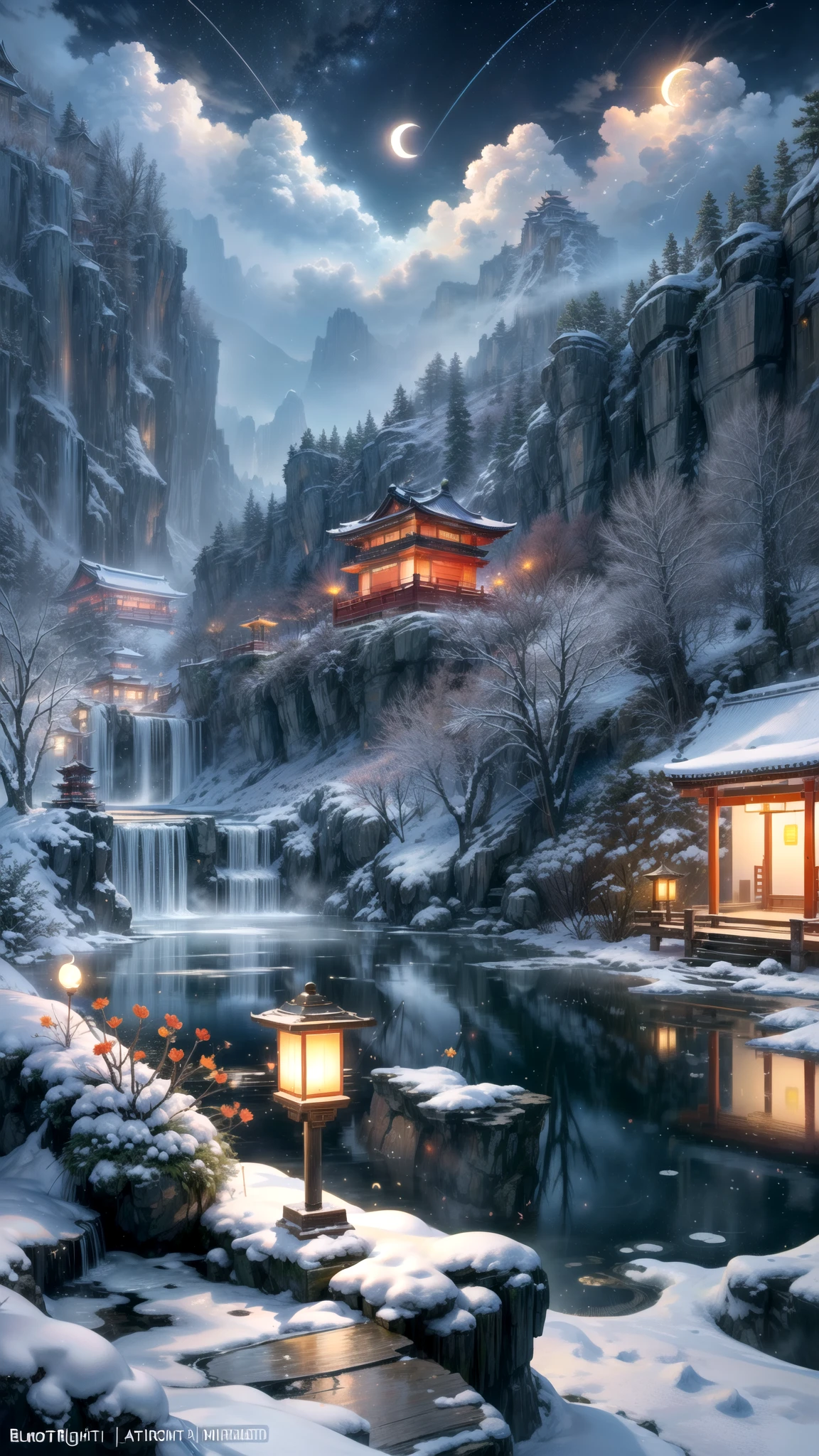 Chinese scenery, ((hot spring)), (Blizzard), (firefly), (Paper Kite), (midnight), (moon), Hilltop Shrine, ((flower)), Beautiful scenery, Realistic lighting, masterpiece, high quality, Beautiful graphics, High Detail,
