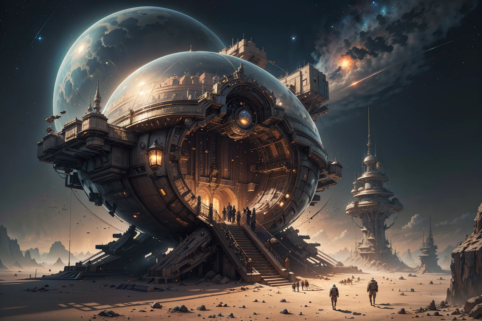 best quality, intricate details, castle under a dome built on a spaceship landed on mars, steampunkai, backround, space, stars