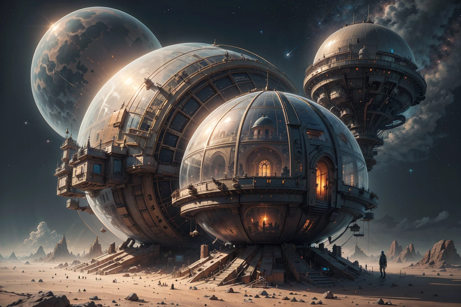 best quality, intricate details, castle under a dome built on a spaceship landed on mars, steampunkai, backround, space, stars