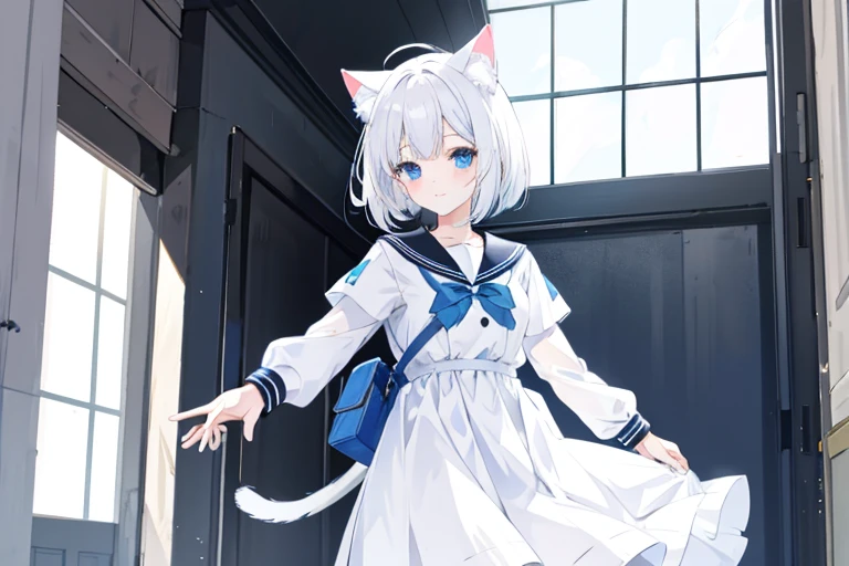 Cat ear White Sailor Dress White Hair Bob Short Light blue eyes School corridor 1People Girl Smiling A small blue ribbon in her hair