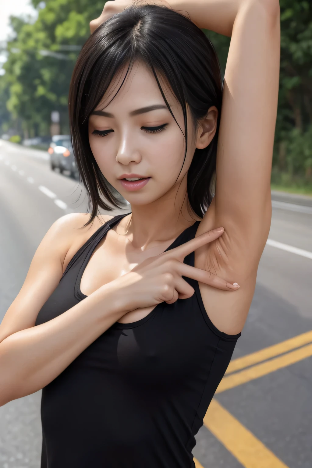 Tabletop,Awards - Winning Photos, Very detailed, Edge Orgasm, Woman with open mouth and closed eyes , Deeply chiseled face、Tank top、Long, pointed nose,,,,,,,,,,,,,,,,,,,,,,,,Strong Nose、length, Narrow nostrils、Sweaty, shiny skin、Lighting that accentuates the shine of sweat{Realistic nostrils}, Black-haired、Hiding behind a telegraph pole on the side of the road、there are many people behind me,There are several children nearby、Shapely breasts、Spread your armpits, skin))