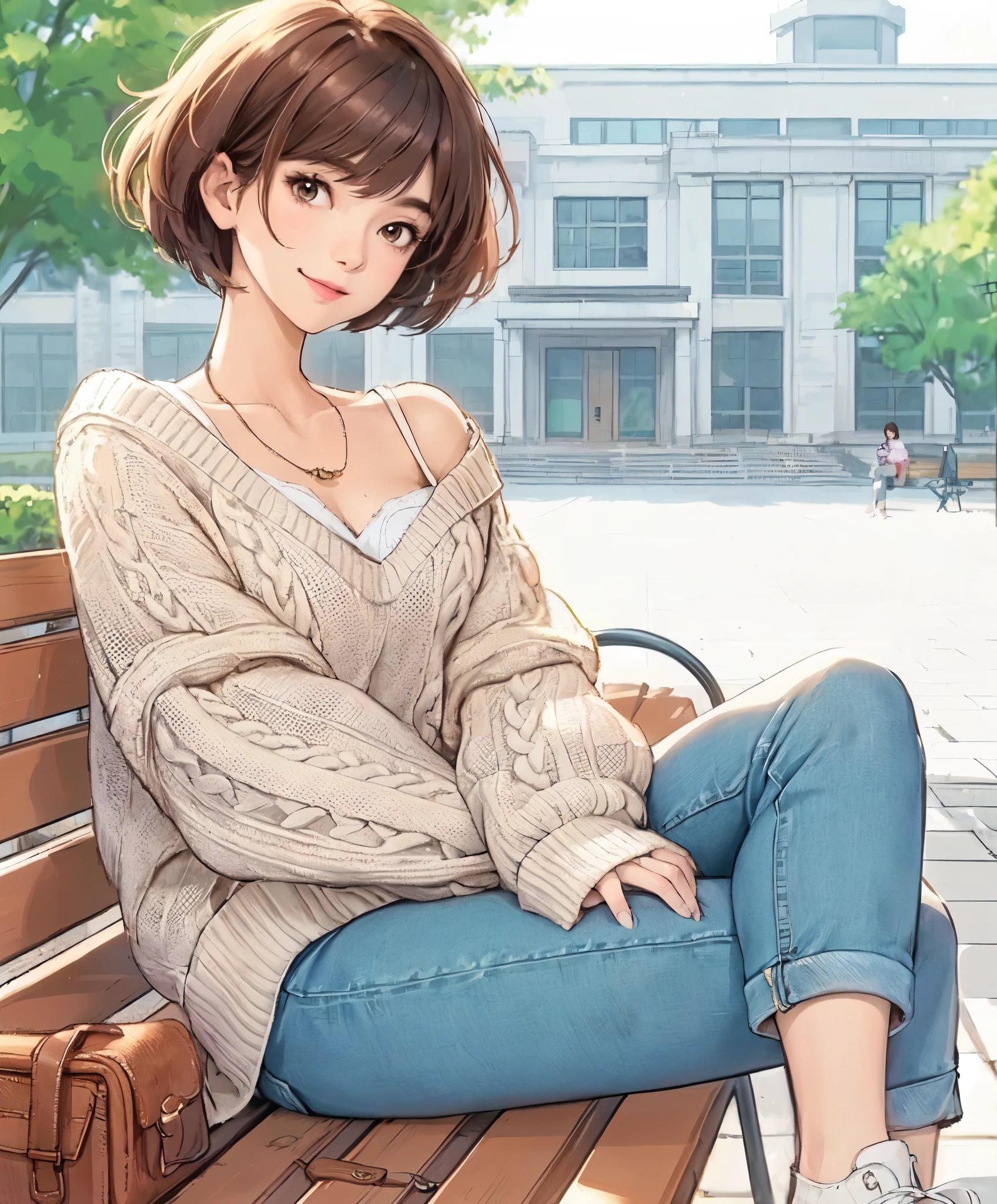 1lady solo, (sitting on bench), stylish (refreshing knit) (denim pants), mature female, /(light brown short hair/) bangs, kind smile, (masterpiece best quality:1.2) delicate illustration ultra-detailed, large breasts BREAK (general university campus) outdoors, casual bag, noon, detailed background