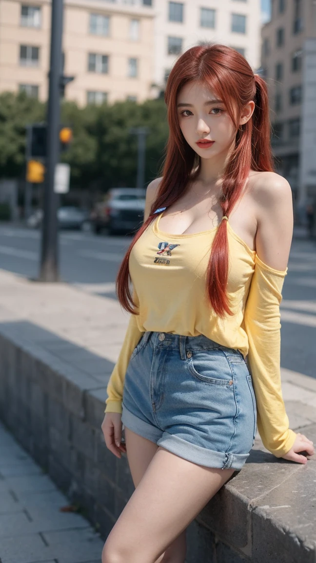 21yo girl, red hair, (twintail Hair). Bitting her lower lip while closing her eye,Wearing yellow oversize t-shirt,, show shoulders, cleavage, show big thigh, natural big brseast,hands holding breasts,plumpy body, standing whit man handsome