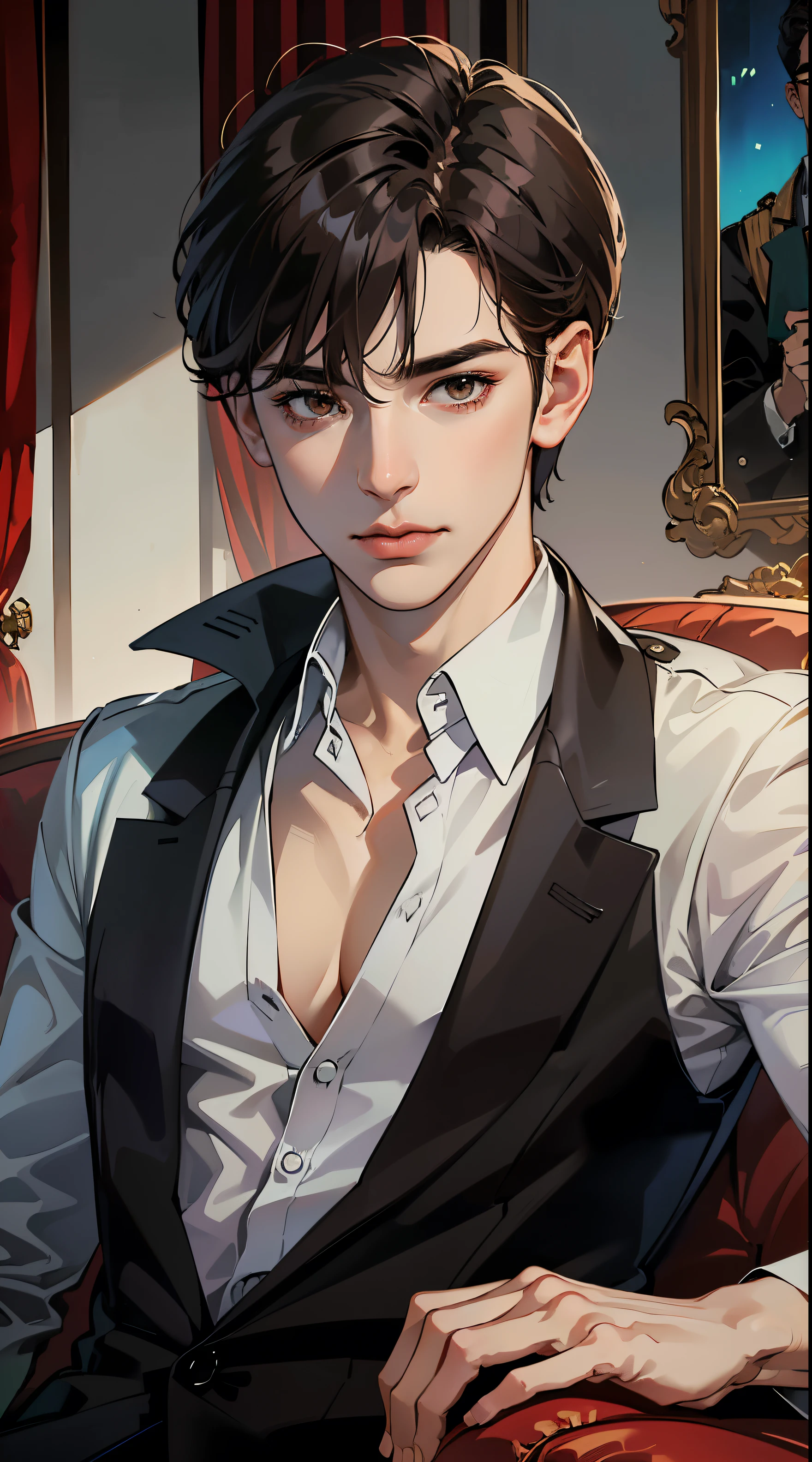 ((Image quality greater than 8K)), ((1 persons)), Boy Scout Costume and Chest and Abdominal Muscle Samples, Sit on the sofa in the room, ((Brown eyes: 1.10 Wearing gold-rimmed glasses)), (brunette color hair:1.4), seriously. (Detailed eyes), (Detailed mouth:1.3), (Detailed face), (Detailed body), (Inviting atmosphere), (romantic mood), ((A high resolution)), (high qulity)