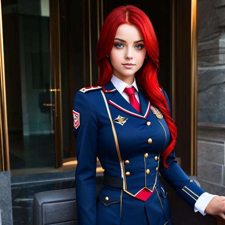 Beautiful girl with red hair and luxury uniform