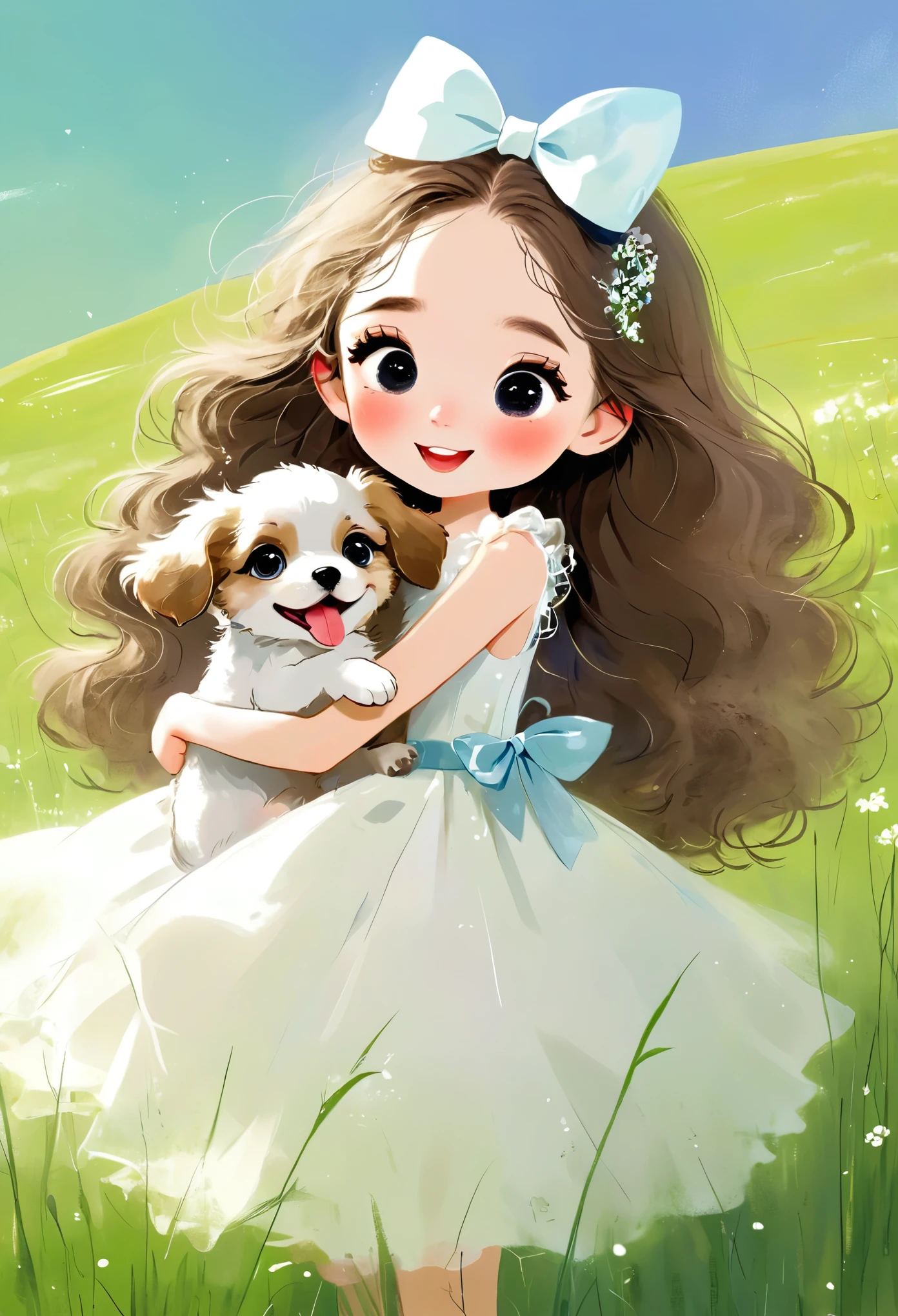 (masterpiece, best quality:1.2), 1 Girl, Solitary, big eyes,Fluffy hair, White Dress,Bow,puppy,hapiness,happy,grassland,Rough texture,Hand-drawn style,