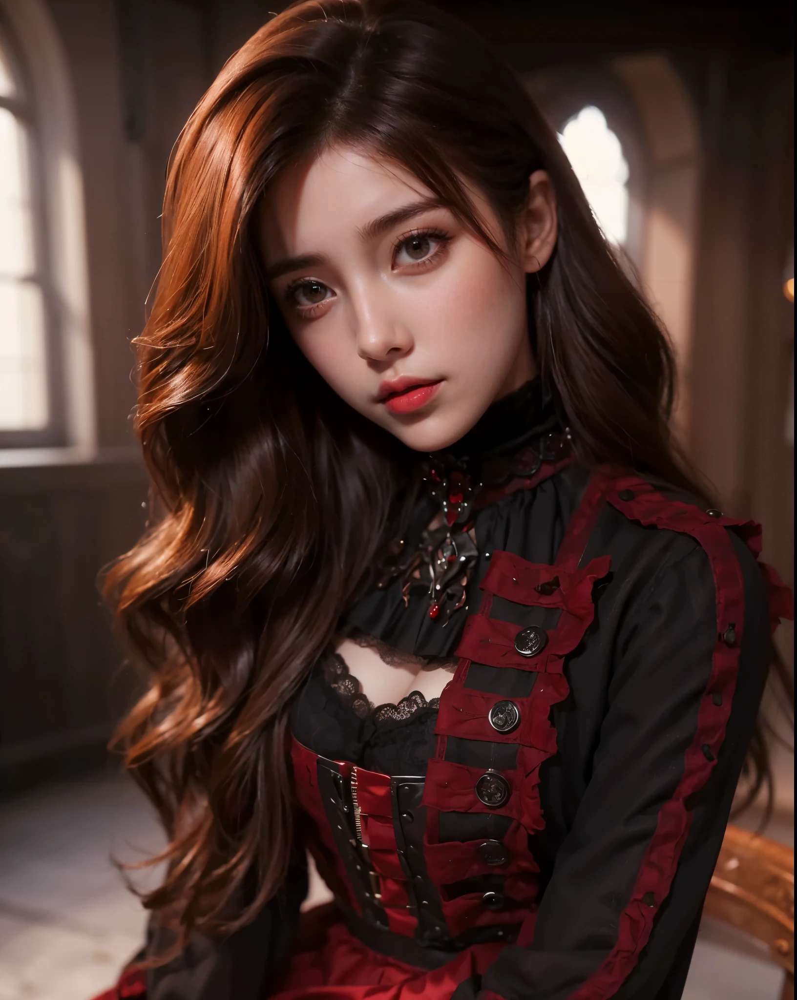 (ultra realistic,best quality),photorealistic,Extremely Realistic, in depth, cinematic light,hubggirl,

1girl, professional photoshot, red and black gothic clothing, beautiful model, very detailed brown hair, incredibly detailed red eyes, elegant and aesthetic pose, very detailed outfit, 