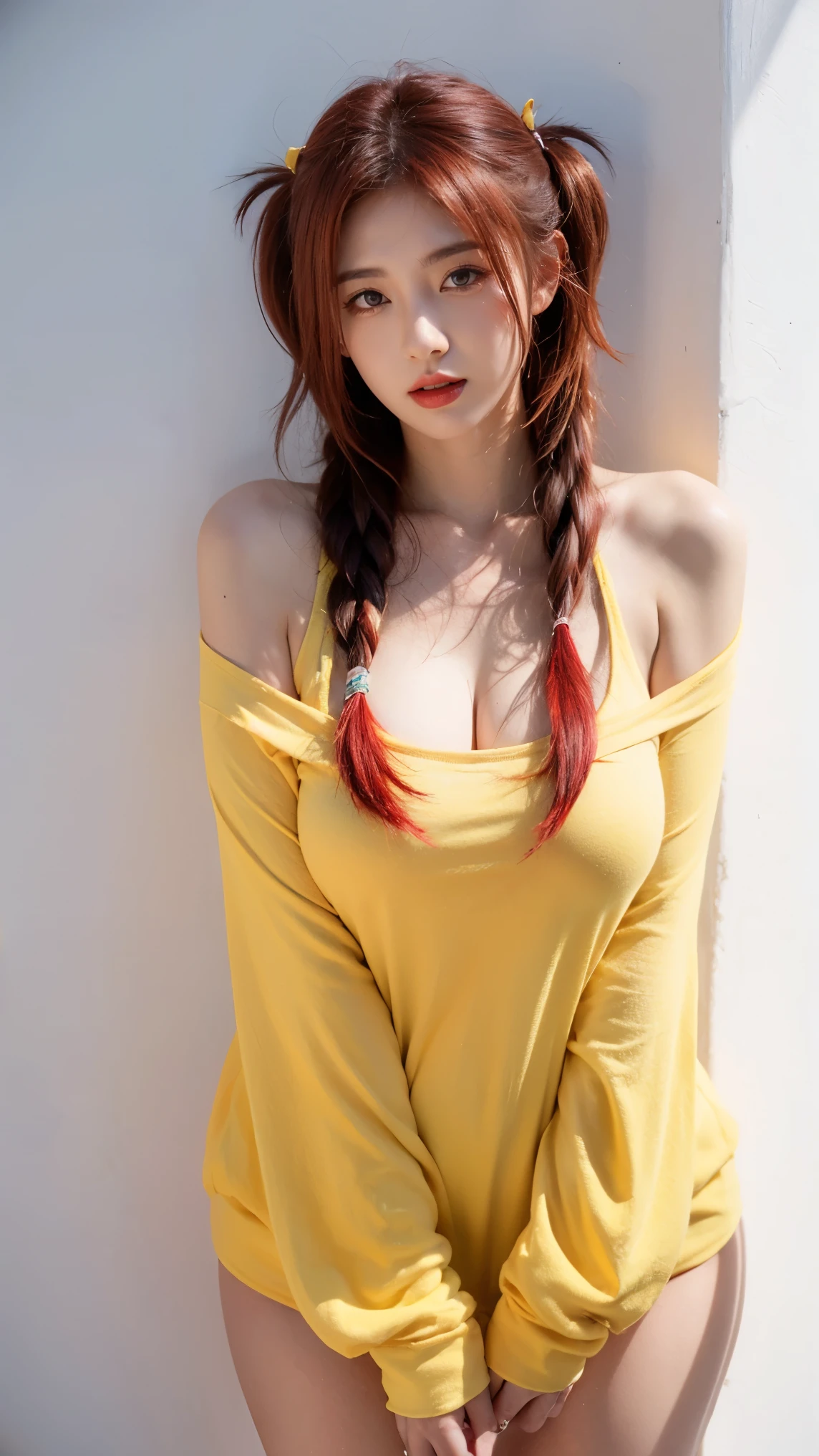 21yo girl, red hair, (twintail Hair). Bitting her lower lip while closing her eye,Wearing yellow oversize t-shirt,, show shoulders, cleavage, show big thigh, natural big brseast,hands holding breasts,plumpy body, standing whit man handsome