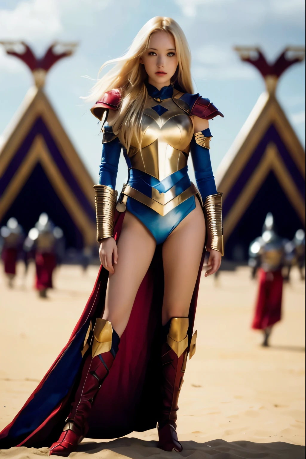 a photo of a woman in fantasy armor costume. blonde hair, pale skin. white skin