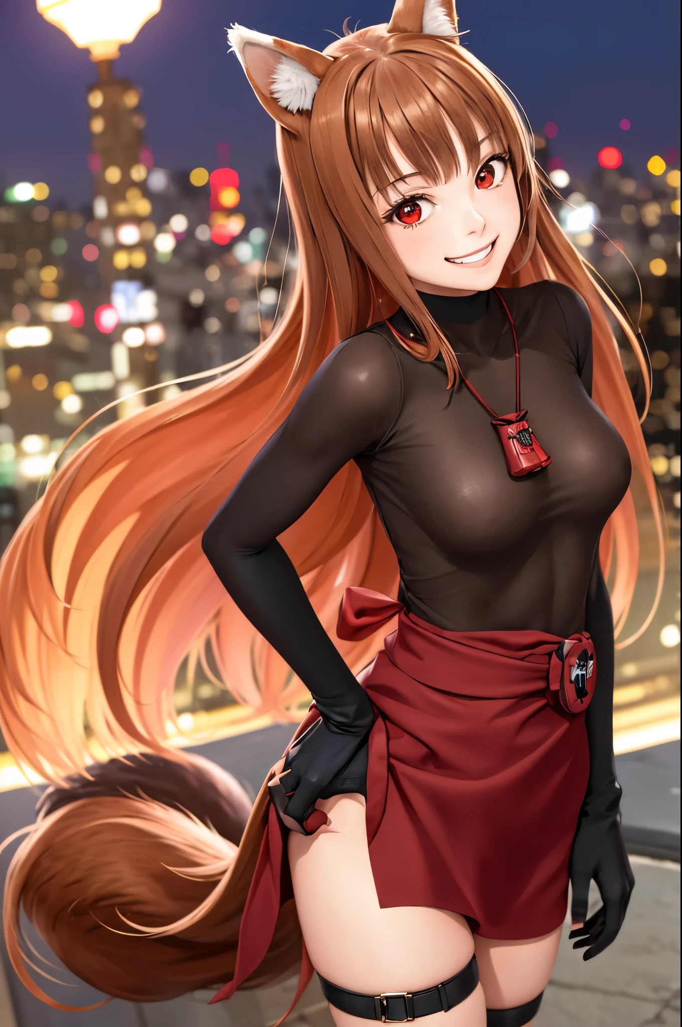masterpiece, best quality, highres, 1girl, long hair, brown hair, animal ears, red eyes, wolf tail, necklace, (bodysuit, gloves), sash, pouch, smile, grin, Tokyo's Cyberpunk, night city, standing