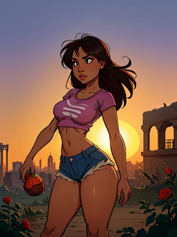 Draw a scene that depicts urban ruins in a desert at dawn. In the center of the composition, a female hunter stands in a torn shirt and denim shorts, sweating as she picks fruit in a makeshift garden among the ruins. The sun is rising in the background, painting the sky with beautiful warm colors. Highlight volumetric lighting and hypercontrast to emphasize the details of the ruins and landscape. Include wild rose bushes around, adding a touch of natural beauty in contrast to the desolate surroundings.