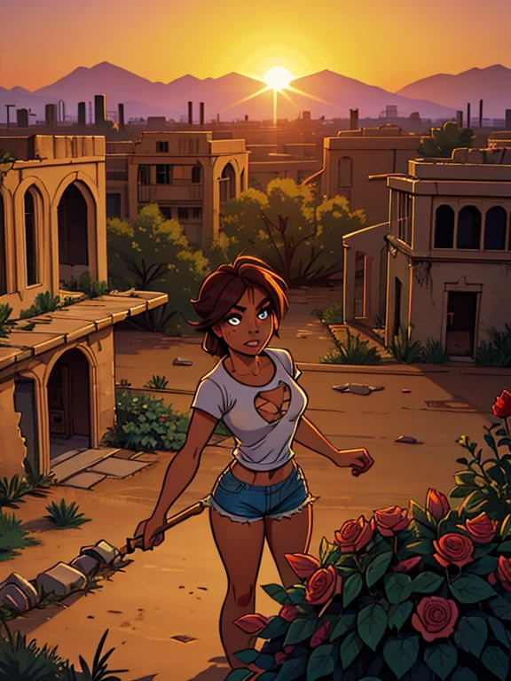 Draw a scene that depicts urban ruins in a desert at dawn. In the center of the composition, a female hunter stands in a torn shirt and denim shorts, sweating as she picks fruit in a makeshift garden among the ruins. The sun is rising in the background, painting the sky with beautiful warm colors. Highlight volumetric lighting and hypercontrast to emphasize the details of the ruins and landscape. Include wild rose bushes around, adding a touch of natural beauty in contrast to the desolate surroundings.