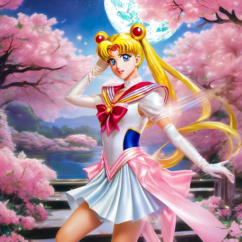 Sailor Moon basks in a cascading aura of mystical enchantment, radiating vibrant waves of magical energy. She gracefully utters the incantation, channeling the Armor of Love, whose bewitching design reveals a hint of audacious sensuality while remaining tastefully suitable for work. As the transformative energy envelops her, Sailor Moon's face flushes with comical embarrassment at the sight of her scantily-clad attire. To preserve her modesty, she tries to adjust the revealing outfit without compromising its enchanting allure. The Armor of Love accentuates her feminine grace, enhancing her ethereal beauty as soft silhouettes of delicate lace and shimmering ribbons adorn her slender figure. Her eyes sparkle with a mix of determination and vulnerability, reflecting the duality of her courageous spirit. The scene is bathed in a soft glow, casting a warm and romantic ambiance that enhances the charm and elegance of Sailor Moon's transformation. The colors, vibrant yet soothing, blend harmoniously, evoking a sense of whimsy and wonder. The scene is illuminated by a gentle, natural lighting that accentuates the delicate features of Sailor Moon's face as well as the intricate details of her outfit. The background showcases a dreamy landscape of sparkling stardust and celestial elements, resonating with the magical universe she embraces. This masterpiece resonates with best quality, allowing viewers to immerse themselves in the exquisite artistry, ultra-detailed craftsmanship, and vivid colors that bring Sailor Moon's transformation to life. (Full body shot, show her from head to toe, show all of her)