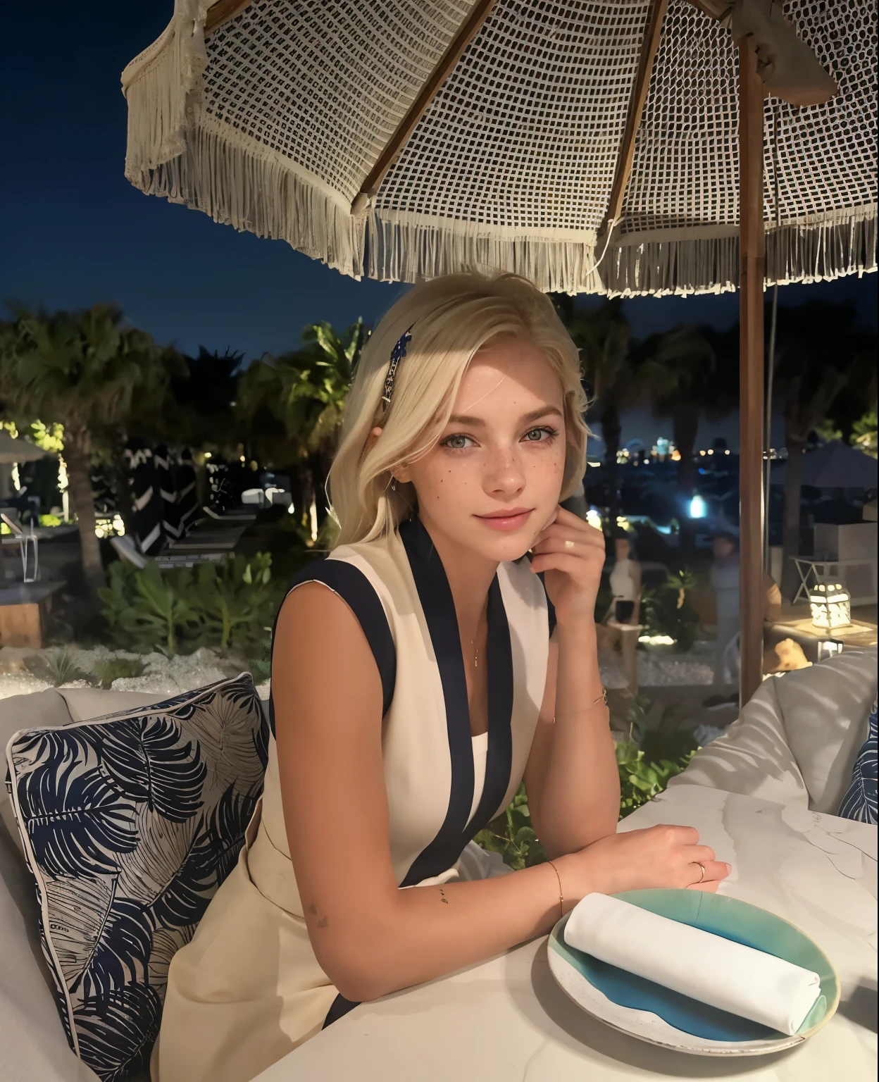 mulher, americana, 25 anos, pale skin and freckles, olhos cinzas, nariz delicado, soft and delicate lips, longo, cabelo blondie longo e ondulado na altura da cintura, sorriso meigo, face with delicate feminine facial features, altamente renderizado