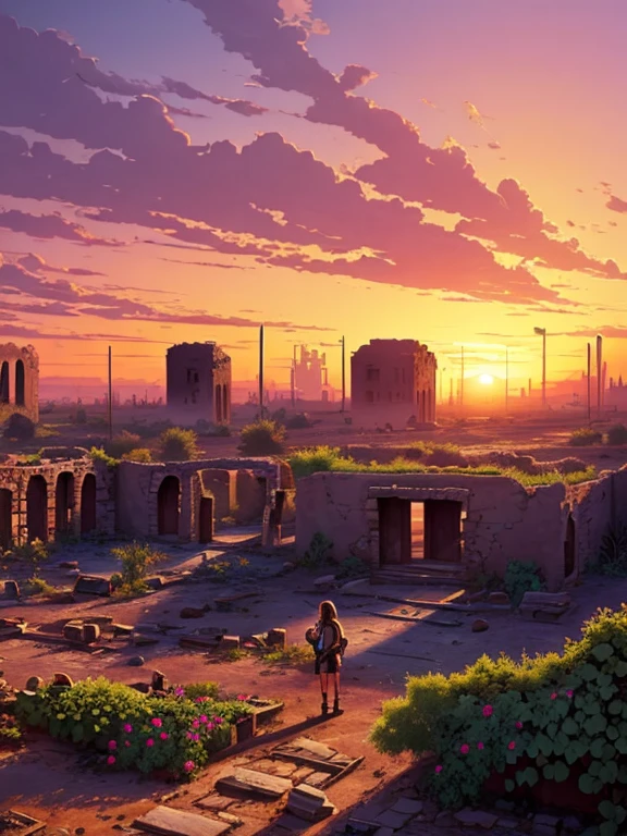 Draw a scene that depicts urban ruins in a desert at dawn. In the center of the composition, a female hunter stands in a torn shirt and denim shorts, sweating as she picks fruit in a makeshift garden among the ruins. The sun is rising in the background, painting the sky with beautiful warm colors. Highlight volumetric lighting and hypercontrast to emphasize the details of the ruins and landscape. Include wild rose bushes around, adding a touch of natural beauty in contrast to the desolate surroundings.