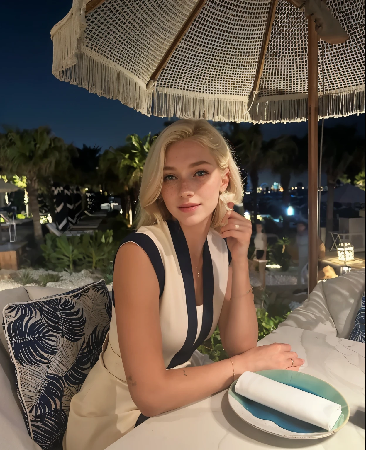 mulher, americana, 25 anos, pale skin and freckles, olhos cinzas, nariz delicado, soft and delicate lips, longo, cabelo blondie longo e ondulado na altura da cintura, sorriso meigo, face with delicate feminine facial features, altamente renderizado