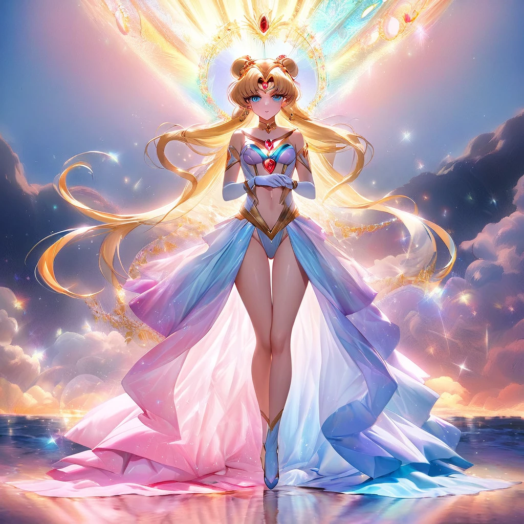 Sailor Moon basks in a cascading aura of mystical enchantment, radiating vibrant waves of magical energy. She gracefully utters the incantation, channeling the Armor of Love, whose bewitching design reveals a hint of audacious sensuality while remaining tastefully suitable for work. As the transformative energy envelops her, Sailor Moon's face flushes with comical embarrassment at the sight of her scantily-clad attire. To preserve her modesty, she tries to adjust the revealing outfit without compromising its enchanting allure. The Armor of Love accentuates her feminine grace, enhancing her ethereal beauty as soft silhouettes of delicate lace and shimmering ribbons adorn her slender figure. Her eyes sparkle with a mix of determination and vulnerability, reflecting the duality of her courageous spirit. The scene is bathed in a soft glow, casting a warm and romantic ambiance that enhances the charm and elegance of Sailor Moon's transformation. The colors, vibrant yet soothing, blend harmoniously, evoking a sense of whimsy and wonder. The scene is illuminated by a gentle, natural lighting that accentuates the delicate features of Sailor Moon's face as well as the intricate details of her outfit. The background showcases a dreamy landscape of sparkling stardust and celestial elements, resonating with the magical universe she embraces. This masterpiece resonates with best quality, allowing viewers to immerse themselves in the exquisite artistry, ultra-detailed craftsmanship, and vivid colors that bring Sailor Moon's transformation to life. (Full body shot, show her from head to toe, show all of her)