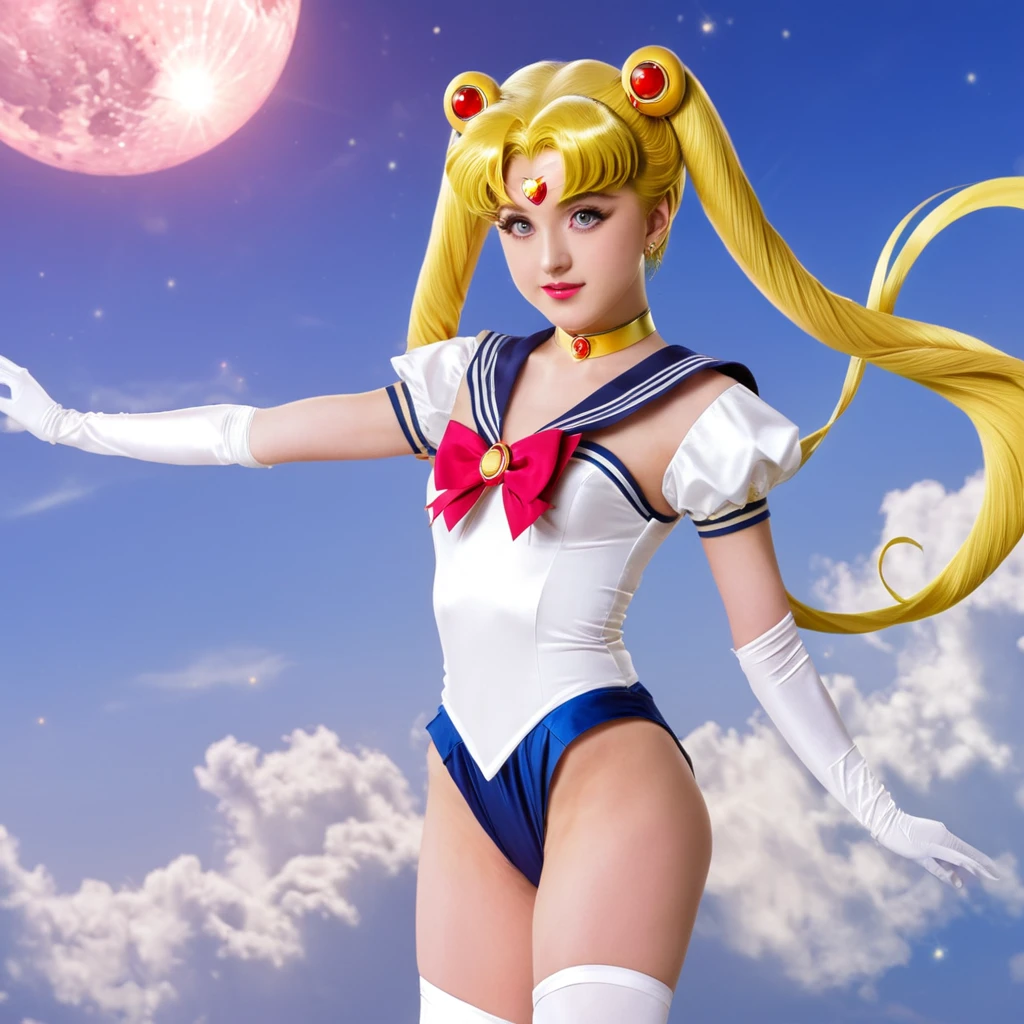Sailor Moon basks in a cascading aura of mystical enchantment, radiating vibrant waves of magical energy. She gracefully utters the incantation, channeling the Armor of Love, whose bewitching design reveals a hint of audacious sensuality while remaining tastefully suitable for work. As the transformative energy envelops her, Sailor Moon's face flushes with comical embarrassment at the sight of her scantily-clad attire. To preserve her modesty, she tries to adjust the revealing outfit without compromising its enchanting allure. The Armor of Love accentuates her feminine grace, enhancing her ethereal beauty as soft silhouettes of delicate lace and shimmering ribbons adorn her slender figure. Her eyes sparkle with a mix of determination and vulnerability, reflecting the duality of her courageous spirit. The scene is bathed in a soft glow, casting a warm and romantic ambiance that enhances the charm and elegance of Sailor Moon's transformation. The colors, vibrant yet soothing, blend harmoniously, evoking a sense of whimsy and wonder. The scene is illuminated by a gentle, natural lighting that accentuates the delicate features of Sailor Moon's face as well as the intricate details of her outfit. The background showcases a dreamy landscape of sparkling stardust and celestial elements, resonating with the magical universe she embraces. This masterpiece resonates with best quality, allowing viewers to immerse themselves in the exquisite artistry, ultra-detailed craftsmanship, and vivid colors that bring Sailor Moon's transformation to life. (Full body shot, show her from head to toe, show all of her)
