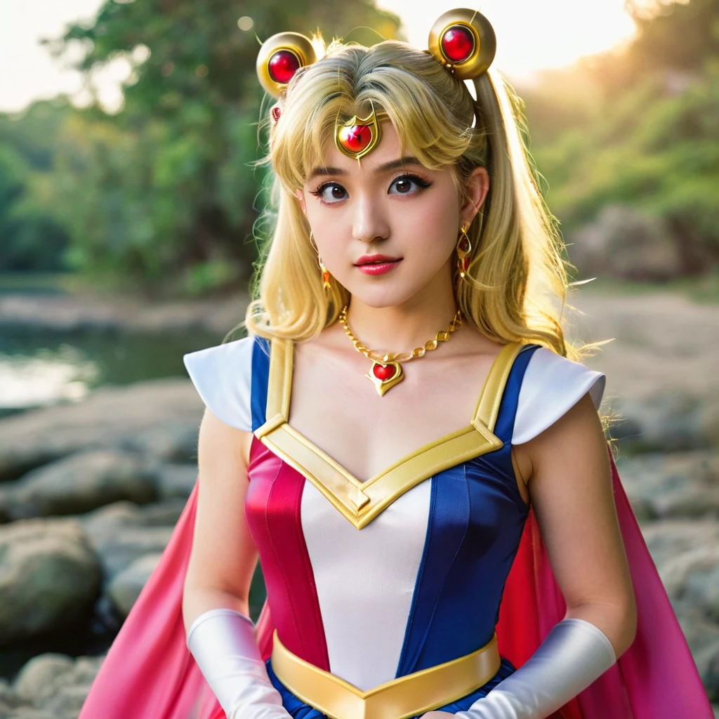 Sailor Moon basks in a cascading aura of mystical enchantment, radiating vibrant waves of magical energy. She gracefully utters the incantation, channeling the Armor of Love, whose bewitching design reveals a hint of audacious sensuality while remaining tastefully suitable for work. As the transformative energy envelops her, Sailor Moon's face flushes with comical embarrassment at the sight of her scantily-clad attire. To preserve her modesty, she tries to adjust the revealing outfit without compromising its enchanting allure. The Armor of Love accentuates her feminine grace, enhancing her ethereal beauty as soft silhouettes of delicate lace and shimmering ribbons adorn her slender figure. Her eyes sparkle with a mix of determination and vulnerability, reflecting the duality of her courageous spirit. The scene is bathed in a soft glow, casting a warm and romantic ambiance that enhances the charm and elegance of Sailor Moon's transformation. The colors, vibrant yet soothing, blend harmoniously, evoking a sense of whimsy and wonder. The scene is illuminated by a gentle, natural lighting that accentuates the delicate features of Sailor Moon's face as well as the intricate details of her outfit. The background showcases a dreamy landscape of sparkling stardust and celestial elements, resonating with the magical universe she embraces. This masterpiece resonates with best quality, allowing viewers to immerse themselves in the exquisite artistry, ultra-detailed craftsmanship, and vivid colors that bring Sailor Moon's transformation to life. (Full body shot, show her from head to toe, show all of her)