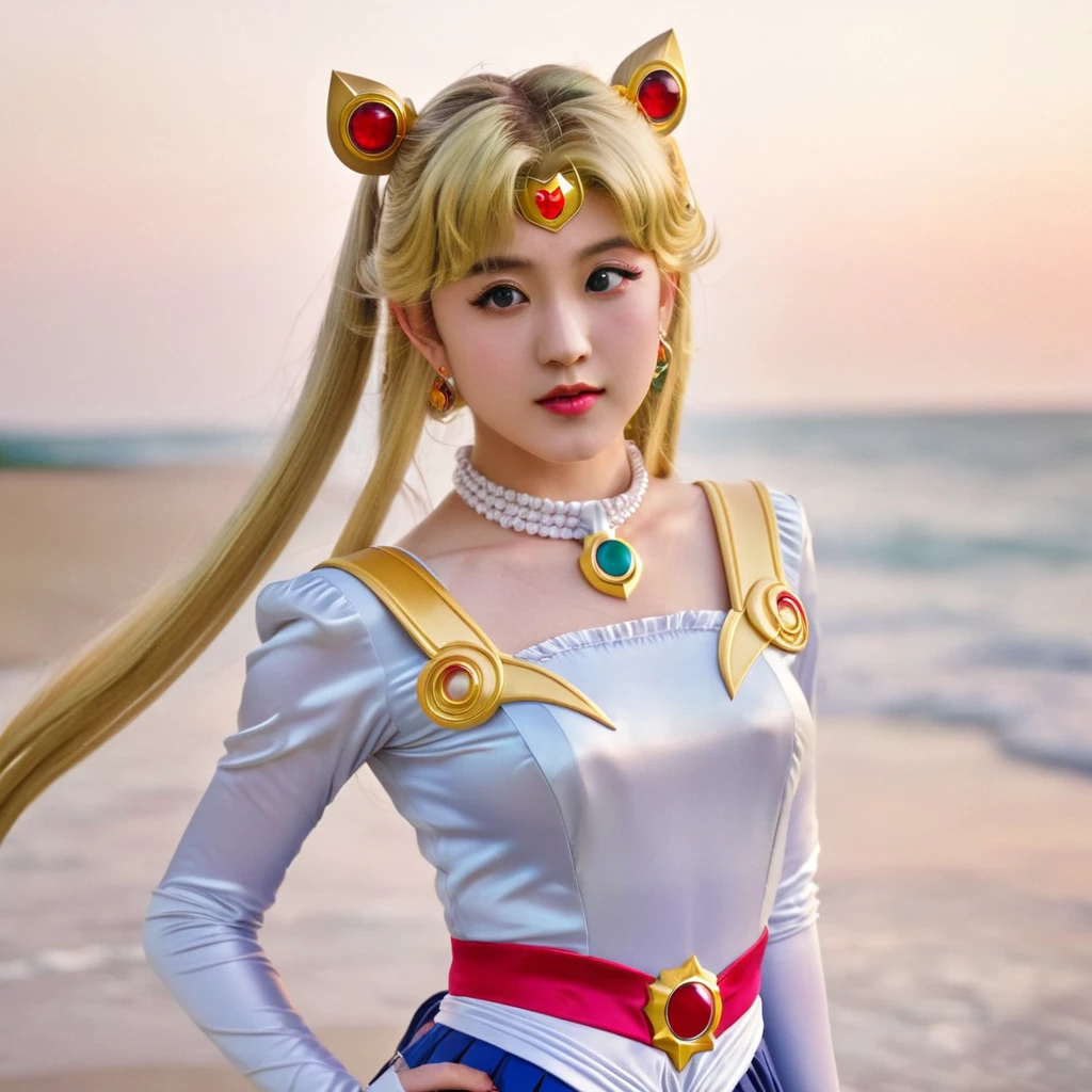 Sailor Moon basks in a cascading aura of mystical enchantment, radiating vibrant waves of magical energy. She gracefully utters the incantation, channeling the Armor of Love, whose bewitching design reveals a hint of audacious sensuality while remaining tastefully suitable for work. As the transformative energy envelops her, Sailor Moon's face flushes with comical embarrassment at the sight of her scantily-clad attire. To preserve her modesty, she tries to adjust the revealing outfit without compromising its enchanting allure. The Armor of Love accentuates her feminine grace, enhancing her ethereal beauty as soft silhouettes of delicate lace and shimmering ribbons adorn her slender figure. Her eyes sparkle with a mix of determination and vulnerability, reflecting the duality of her courageous spirit. The scene is bathed in a soft glow, casting a warm and romantic ambiance that enhances the charm and elegance of Sailor Moon's transformation. The colors, vibrant yet soothing, blend harmoniously, evoking a sense of whimsy and wonder. The scene is illuminated by a gentle, natural lighting that accentuates the delicate features of Sailor Moon's face as well as the intricate details of her outfit. The background showcases a dreamy landscape of sparkling stardust and celestial elements, resonating with the magical universe she embraces. This masterpiece resonates with best quality, allowing viewers to immerse themselves in the exquisite artistry, ultra-detailed craftsmanship, and vivid colors that bring Sailor Moon's transformation to life. (Full body shot, show her from head to toe, show all of her)