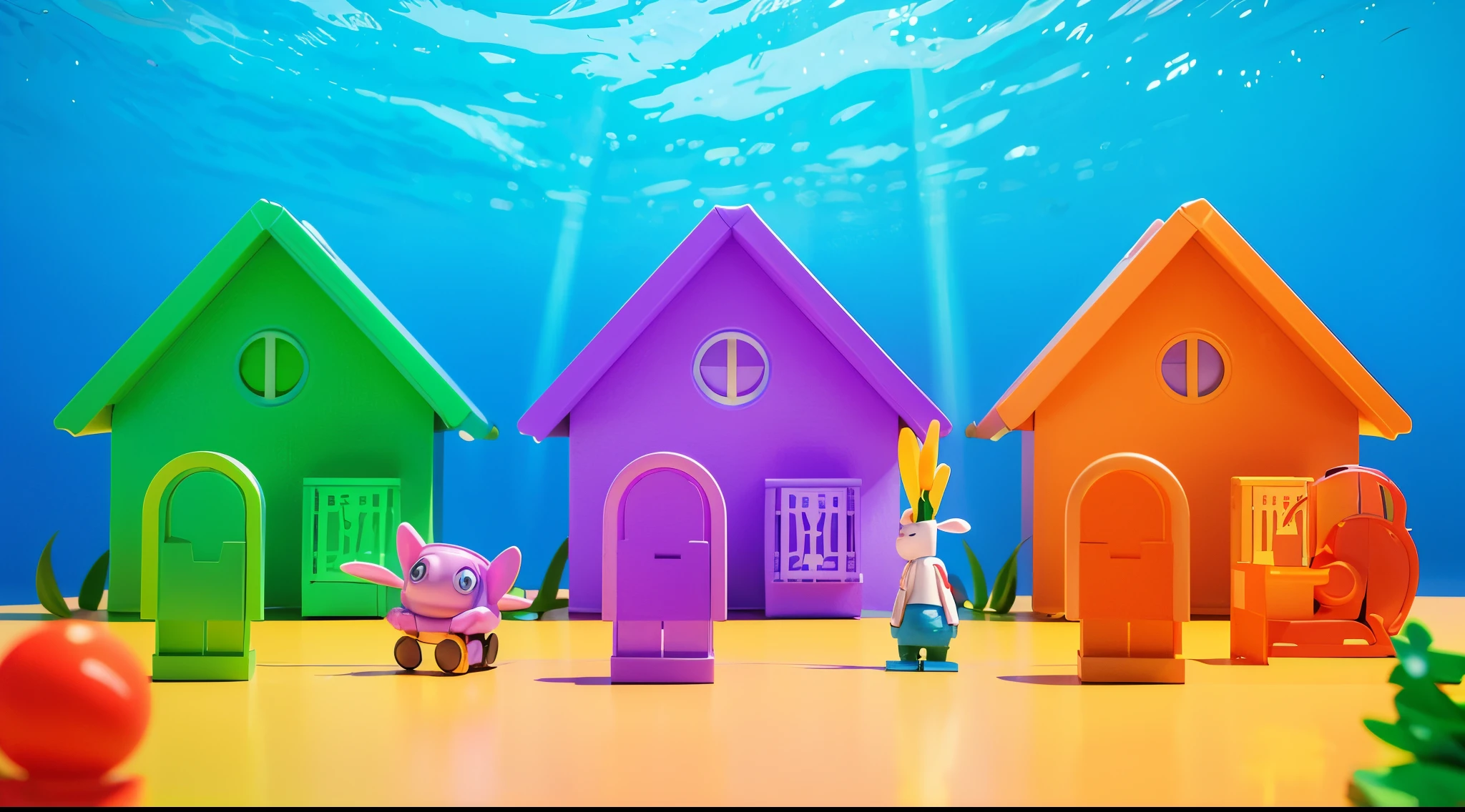 The image depicts three colorful houses in a desert setting. The image depicts a 3D rendered illustration of a boy and a girl with their hands shaped in the shape of a heart. They are both smiling and have red hair. The background is blue. cartoon characters stand next to each other, Electricsbunny, Holographic creatures, Beeple and Jeremiah Ketner, 🐋 as 🐘 as 🤖 as 👽 as 🐳, matte, Rabbids, cute 3D rendering, 3D icon for mobile game, robot rabbit, Shiny metallic, 3D персонажи violet cat toy, toy cat laying on glossy , glossy texture, smooth 3d model, multiple light sources, rim light, sharp post effects render, (glossy big light probe refractions), perfect cgi, cgi art created only with gradients, smooth silhouette, high intensity refraction, ( ), most beautiful vfx, blue background