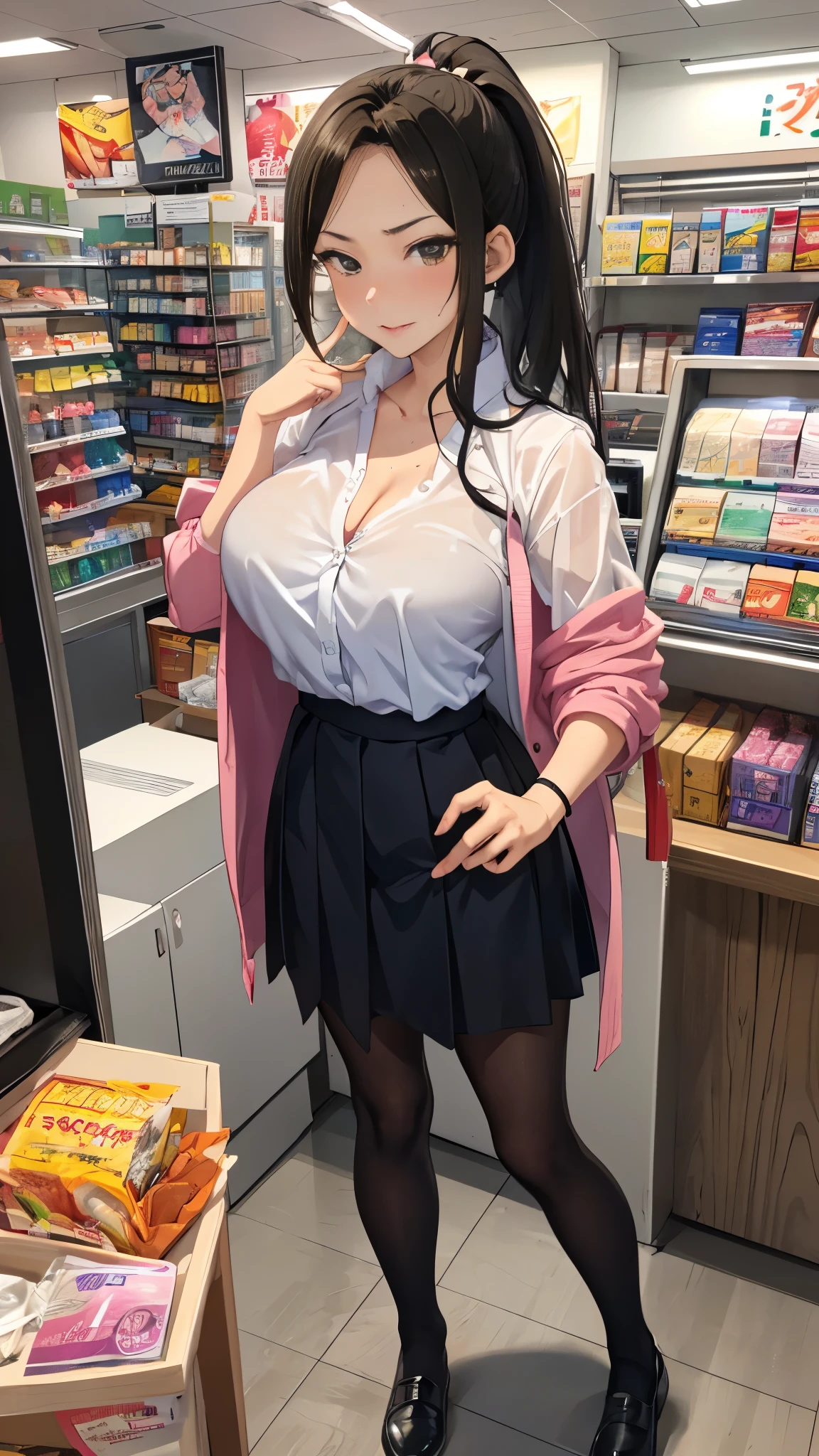 Accurate human body、Knowledgeable person、Correct five-finger、

(Oilskin,Glowing Skin、Realistic skin texture、Beautiful skin in every detail)、

Written boundary depth, Focus on the center, Beautiful Eyes, Perfect face and eyes、

high school girl 、(Slender body:1.4, kogyaru JK, high school girl uniform)、((blush、vapor,Sweat))、-yeld gikogyaru, 
(Black Hair, ponytail), 

A girl came to buy condoms、Standing in front of a white cash register、Buy 10 boxes of condoms、((Embarrassed, I bow my head))、(Standing shyly:1.2, blush and bow)、((Big Breasts))、Big cleavage、

convenience store、Look down,Detailed Background、A person who writes in detail、Late-night Japanese convenience stores、A long, white cash register counter