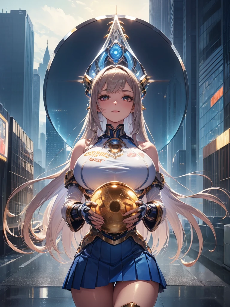 (((masterpiece))), (((best quality))), ((ultra-detailed)), (illustration), ((an extremely delicate and beautiful)), ((super detail)), ((high resolution)), (((20 years old))), metallic cloth, (cheerleader), ((android)), delicate metal decorations, gleaming skin, shiny body, two legs, breast focus, (((tall))), slender legs, ((big round eyes)), cute eyes, drooping eyes, ((adult)), two hands, five fingers, no extra hands, elegant smile, braid, ((metallic blue)), (see-through), (ash brown), (ultra-huge breasts), (shining brightly), outdoor, mini skirt, city, daytime, ((biopunk)), (hair shorter than shoulder), ((gynoid)),