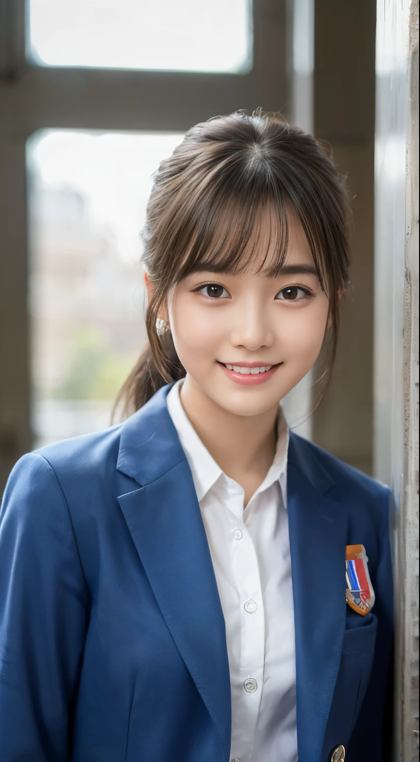 (highest quality,8K quality,masterpiece:1.3),(Ultra-high resolution,Photorealistic:1.4,RAW Photos),(Very detailed,Caustics,Detailed Background),(Ultra-Realistic Capture,Beautiful and detailed skin,Perfect Anatomy),high school student、School building,Schoolyard,18-year-old,cute,single eyelid,School Blazer Uniform,Looking at the camera,Laughter,Bust up shot,Natural soft light